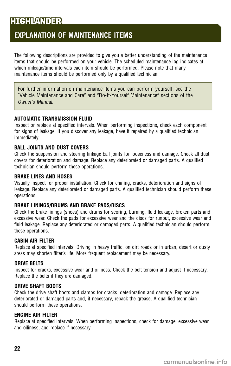 TOYOTA HIGHLANDER 2009 XU40 / 2.G Scheduled Maintenance Guide 
