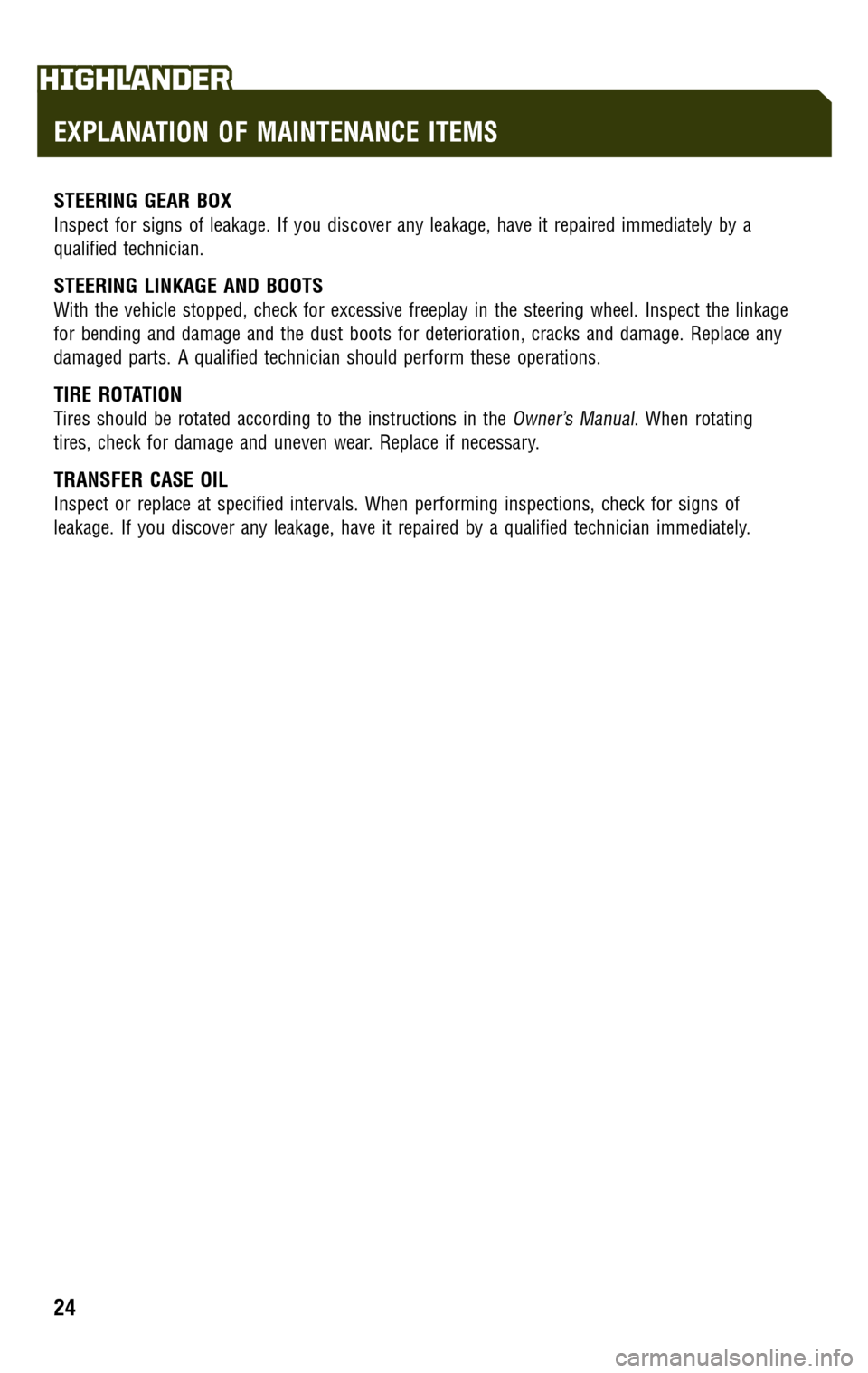 TOYOTA HIGHLANDER 2009 XU40 / 2.G Scheduled Maintenance Guide 