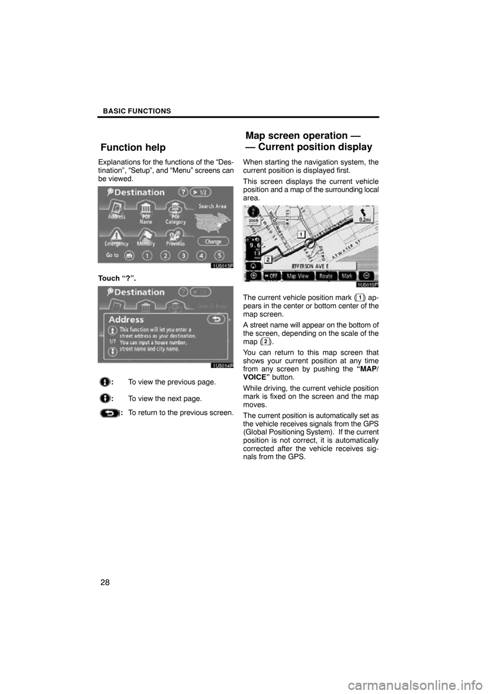TOYOTA HIGHLANDER 2010 XU40 / 2.G Navigation Manual BASIC FUNCTIONS
28
Explanations for the functions of the “Des-
tination”,  “Setup”, and “Menu” screens can
be viewed.
Touch “?”.
: To view the previous page.
:To view the next page.
:T