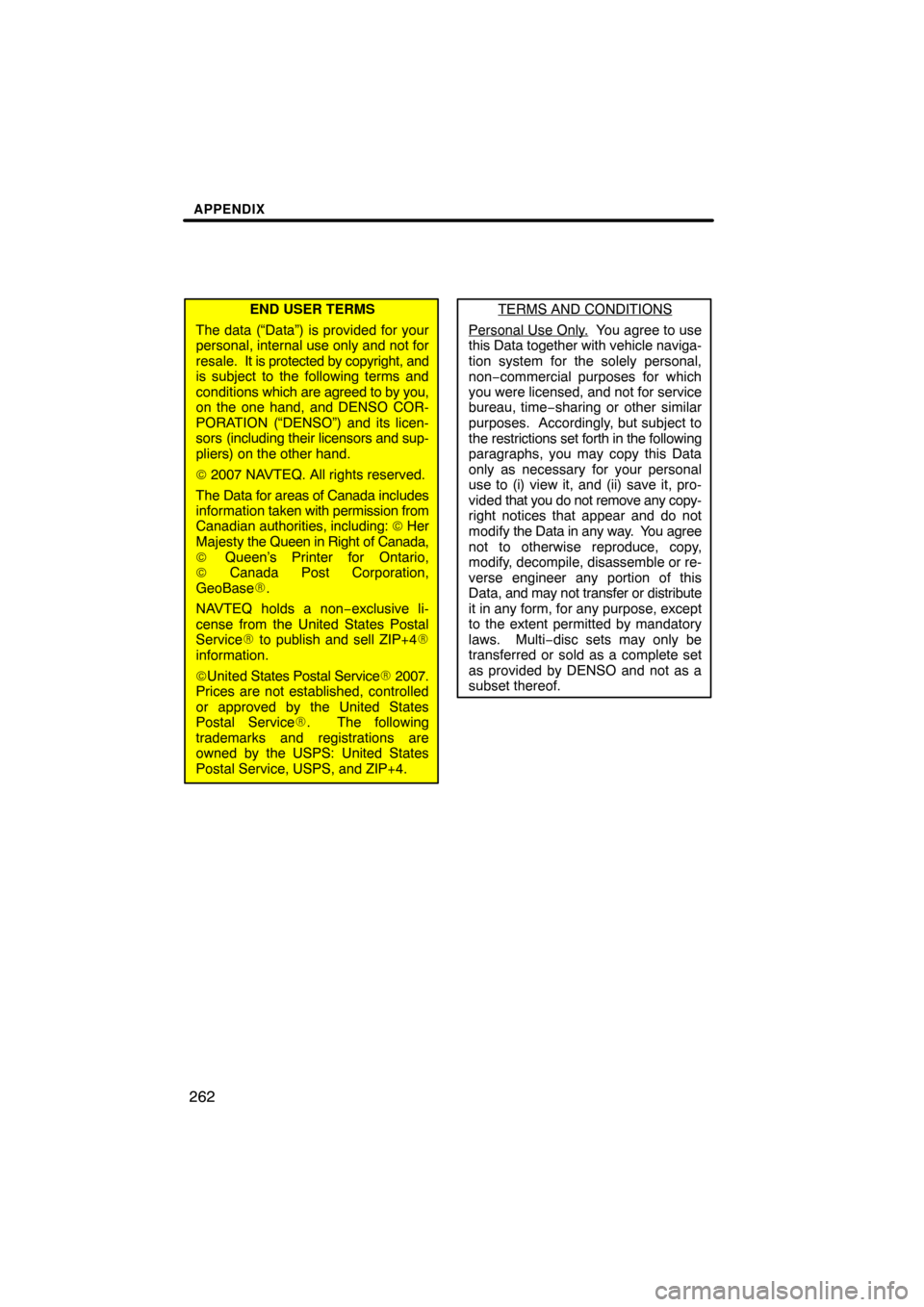 TOYOTA HIGHLANDER 2010 XU40 / 2.G Navigation Manual APPENDIX
262
END USER TERMS
The data (“Data”) is provided for your
personal, internal use only and not for
resale.  It is protec ted by copyright, and
is subject to the following terms and
conditi