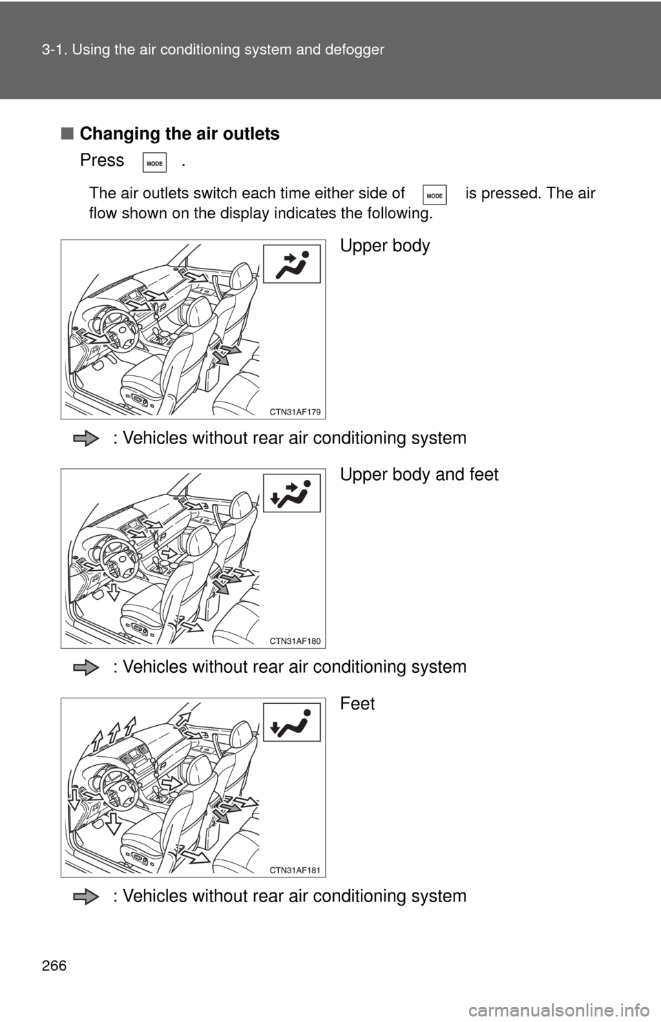 TOYOTA HIGHLANDER 2010 XU40 / 2.G Owners Manual 266 3-1. Using the air conditioning system and defogger
■Changing the air outlets
Press .
The air outlets switch each time either side of   is pressed. The air
flow shown on the display indicates th