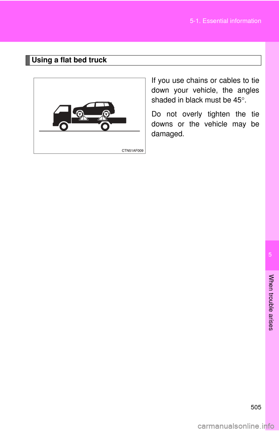 TOYOTA HIGHLANDER 2010 XU40 / 2.G Owners Manual 5
When trouble arises
505
5-1. Essential information
Using a flat bed truck
If you use chains or cables to tie
down your vehicle, the angles
shaded in black must be 45.
Do not overly tighten the ti