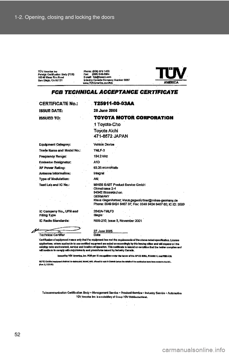 TOYOTA HIGHLANDER 2010 XU40 / 2.G Workshop Manual 52 1-2. Opening, closing and locking the doors 
