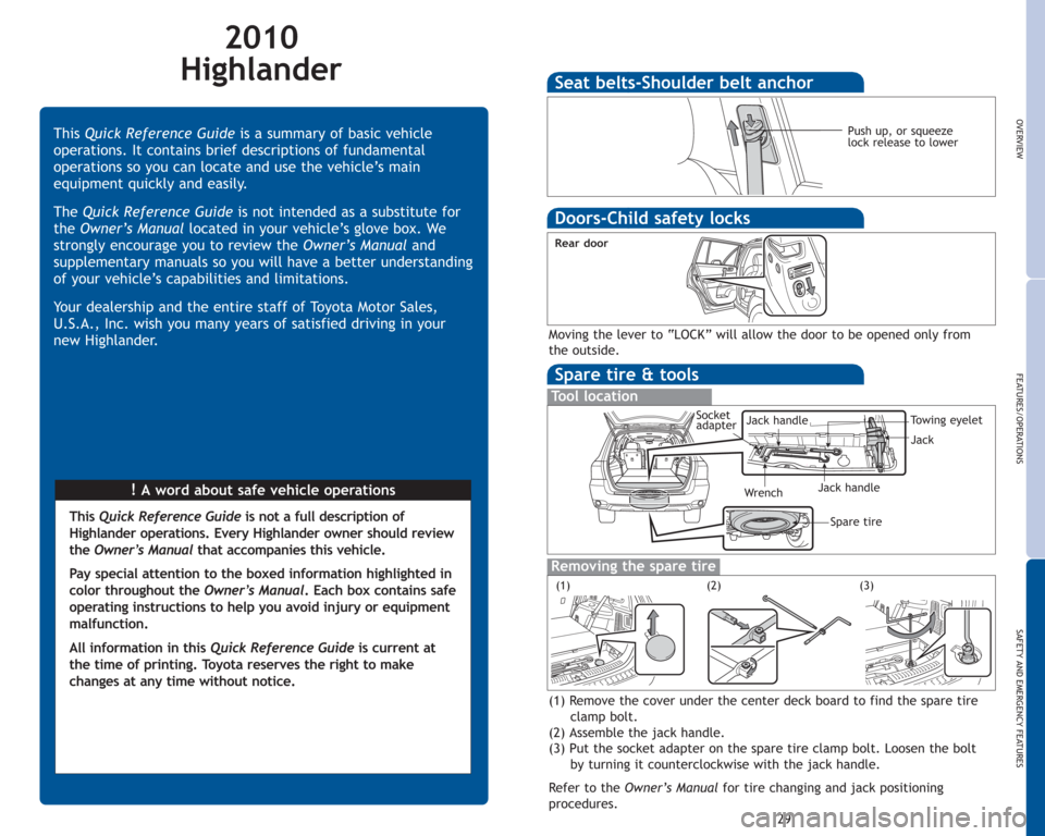 TOYOTA HIGHLANDER 2010 XU40 / 2.G Quick Reference Guide 2010
Highlander
!Awordaboutsafevehicleoperations ThisQuick Reference Guideis a summary of basic vehicle
operations. It contains brief descriptions of fundamental
operations so you can locate and use t