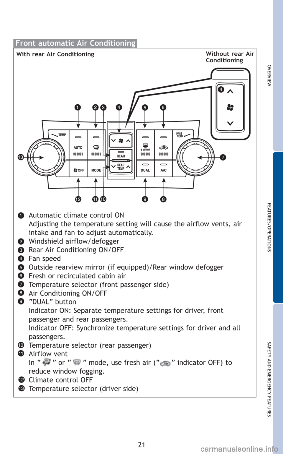 TOYOTA HIGHLANDER 2010 XU40 / 2.G Quick Reference Guide 21
OVERVIEW
FEATURES/OPERATIONS
SAFETY AND EMERGENCY FEATURES
Frontautomatic Air Conditioning
Automatic climate control ON
Adjusting the temperature setting will cause the airflow vents, air
intake an TOYOTA HIGHLANDER 2010 XU40 / 2.G Quick Reference Guide 21
OVERVIEW
FEATURES/OPERATIONS
SAFETY AND EMERGENCY FEATURES
Frontautomatic Air Conditioning
Automatic climate control ON
Adjusting the temperature setting will cause the airflow vents, air
intake an
