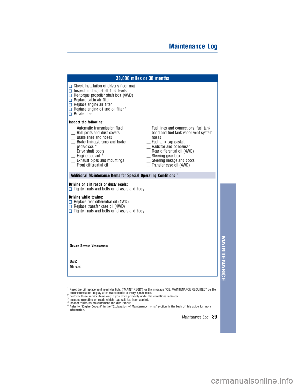 TOYOTA HIGHLANDER 2010 XU40 / 2.G Warranty And Maintenance Guide JOBNAME: 824433-2010-hgh-toyw PAGE: 39 SESS: 11 OUTPUT: Thu Jun 24 10:30:08 2010
/tweddle/toyota/sched-maint/824433-en-hgh/wg
30,000 miles or 36 months
Check installation of driver’s floor matInspec TOYOTA HIGHLANDER 2010 XU40 / 2.G Warranty And Maintenance Guide JOBNAME: 824433-2010-hgh-toyw PAGE: 39 SESS: 11 OUTPUT: Thu Jun 24 10:30:08 2010
/tweddle/toyota/sched-maint/824433-en-hgh/wg
30,000 miles or 36 months
Check installation of driver’s floor matInspec