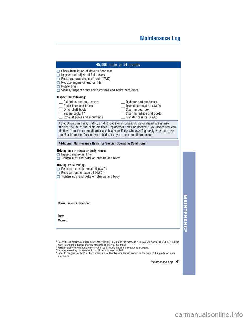 TOYOTA HIGHLANDER 2010 XU40 / 2.G Warranty And Maintenance Guide JOBNAME: 824433-2010-hgh-toyw PAGE: 41 SESS: 11 OUTPUT: Thu Jun 24 10:30:08 2010
/tweddle/toyota/sched-maint/824433-en-hgh/wg
45,000 miles or 54 months
Check installation of driver’s floor matInspec TOYOTA HIGHLANDER 2010 XU40 / 2.G Warranty And Maintenance Guide JOBNAME: 824433-2010-hgh-toyw PAGE: 41 SESS: 11 OUTPUT: Thu Jun 24 10:30:08 2010
/tweddle/toyota/sched-maint/824433-en-hgh/wg
45,000 miles or 54 months
Check installation of driver’s floor matInspec