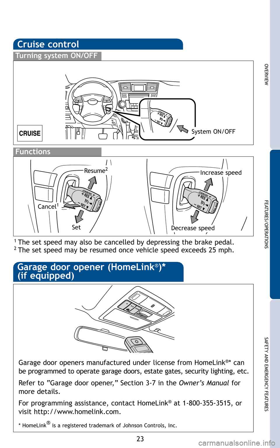 TOYOTA HIGHLANDER 2011 XU40 / 2.G Quick Reference Guide \f3
OVER V IE W
FE AT U RES/ O PER AT IO NS
SA FE T Y AN D EM ER G EN CY FE AT U RES
 
Gara gedoor opene rsmanufact ured under license fromHomeLink®*ca n 
be prog ramm edto operate garage doors, esta