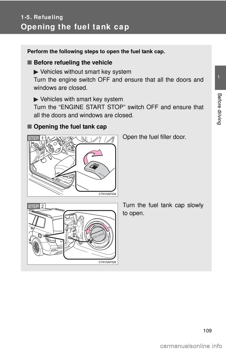 TOYOTA HIGHLANDER 2012 XU40 / 2.G User Guide 109
1
Before driving
1-5. Refueling
Opening the fuel tank cap
Perform the following steps to open the fuel tank cap.
■Before refueling the vehicle
Vehicles without smart key system
Turn the engine s TOYOTA HIGHLANDER 2012 XU40 / 2.G User Guide 109
1
Before driving
1-5. Refueling
Opening the fuel tank cap
Perform the following steps to open the fuel tank cap.
■Before refueling the vehicle
Vehicles without smart key system
Turn the engine s