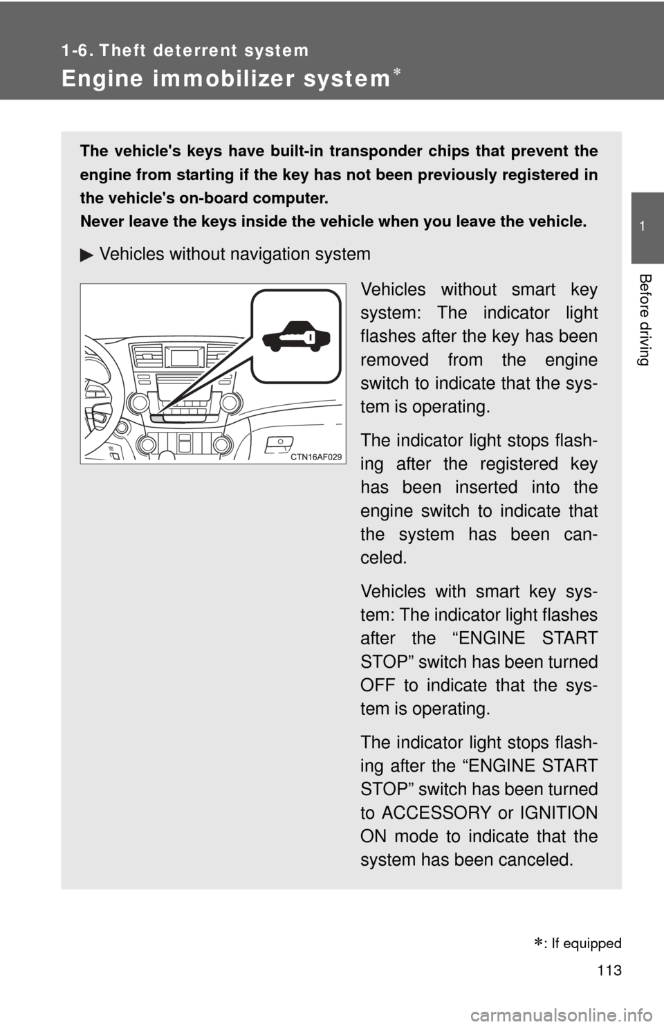 TOYOTA HIGHLANDER 2012 XU40 / 2.G User Guide 113
1
Before driving
1-6. Theft deterrent system
Engine immobilizer system
The vehicles keys have built-in transponder chips that prevent the
engine from starting if the key has not been previous TOYOTA HIGHLANDER 2012 XU40 / 2.G User Guide 113
1
Before driving
1-6. Theft deterrent system
Engine immobilizer system
The vehicles keys have built-in transponder chips that prevent the
engine from starting if the key has not been previous
