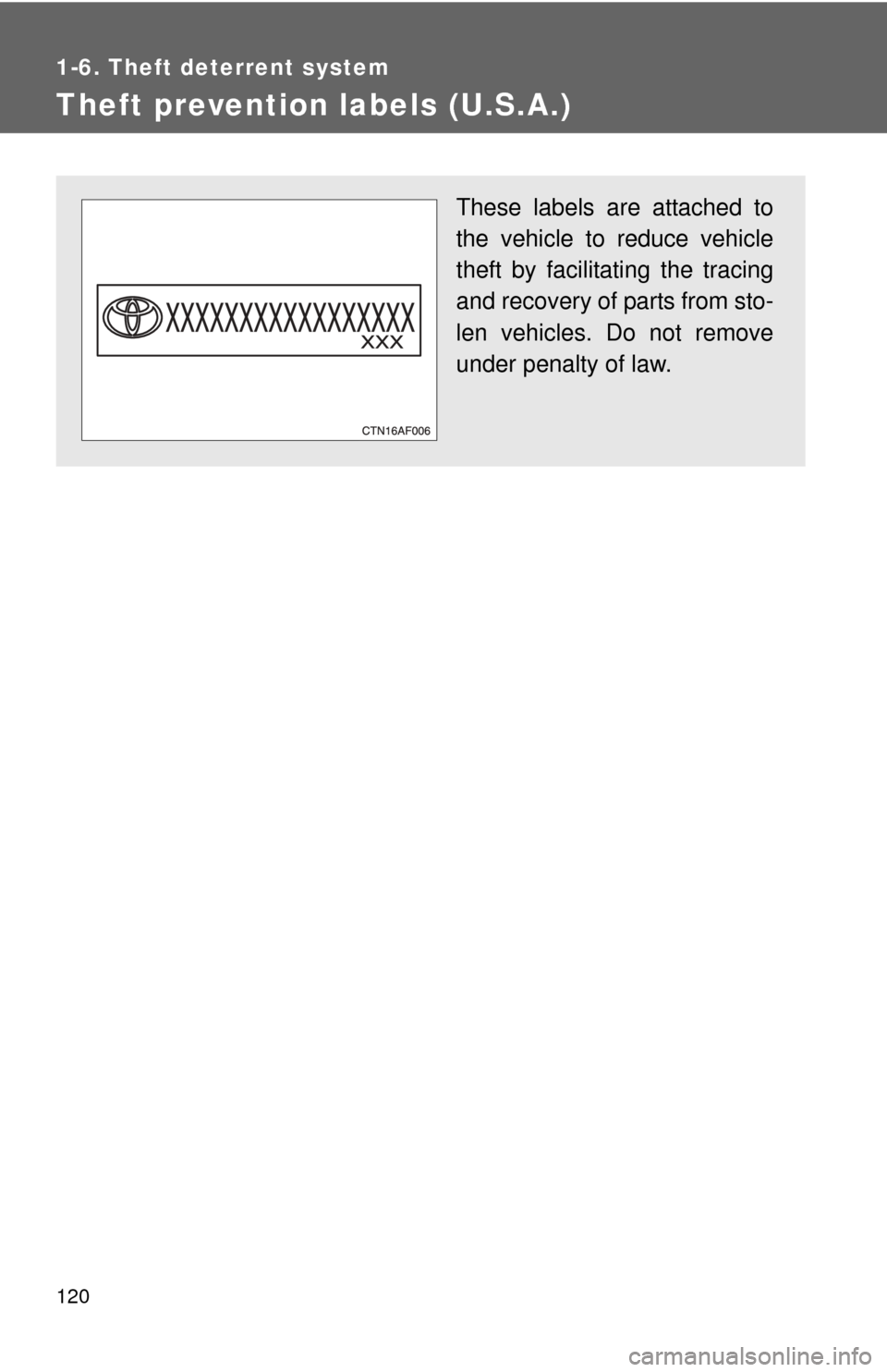TOYOTA HIGHLANDER 2012 XU40 / 2.G Owners Manual 120
1-6. Theft deterrent system
Theft prevention labels (U.S.A.)
These labels are attached to
the vehicle to reduce vehicle
theft by facilitating the tracing
and recovery of parts from sto-
len vehicl TOYOTA HIGHLANDER 2012 XU40 / 2.G Owners Manual 120
1-6. Theft deterrent system
Theft prevention labels (U.S.A.)
These labels are attached to
the vehicle to reduce vehicle
theft by facilitating the tracing
and recovery of parts from sto-
len vehicl