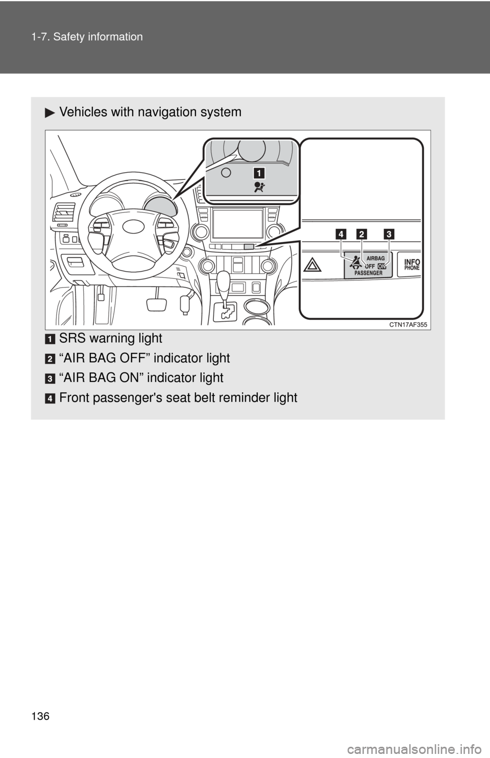 TOYOTA HIGHLANDER 2012 XU40 / 2.G Owners Manual 136 1-7. Safety information
Vehicles with navigation system
SRS warning light
“AIR BAG OFF” indicator light
“AIR BAG ON” indicator light
Front passengers seat belt reminder light TOYOTA HIGHLANDER 2012 XU40 / 2.G Owners Manual 136 1-7. Safety information
Vehicles with navigation system
SRS warning light
“AIR BAG OFF” indicator light
“AIR BAG ON” indicator light
Front passengers seat belt reminder light