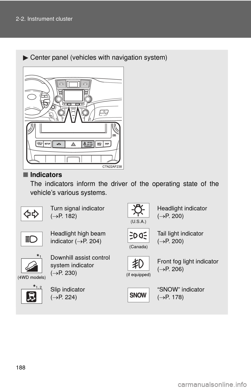 TOYOTA HIGHLANDER 2012 XU40 / 2.G Owners Manual 188 2-2. Instrument cluster
Center panel (vehicles with navigation system)
■ Indicators
The indicators inform the driver of the operating state of the
vehicle’s various systems.
Turn signal indica TOYOTA HIGHLANDER 2012 XU40 / 2.G Owners Manual 188 2-2. Instrument cluster
Center panel (vehicles with navigation system)
■ Indicators
The indicators inform the driver of the operating state of the
vehicle’s various systems.
Turn signal indica