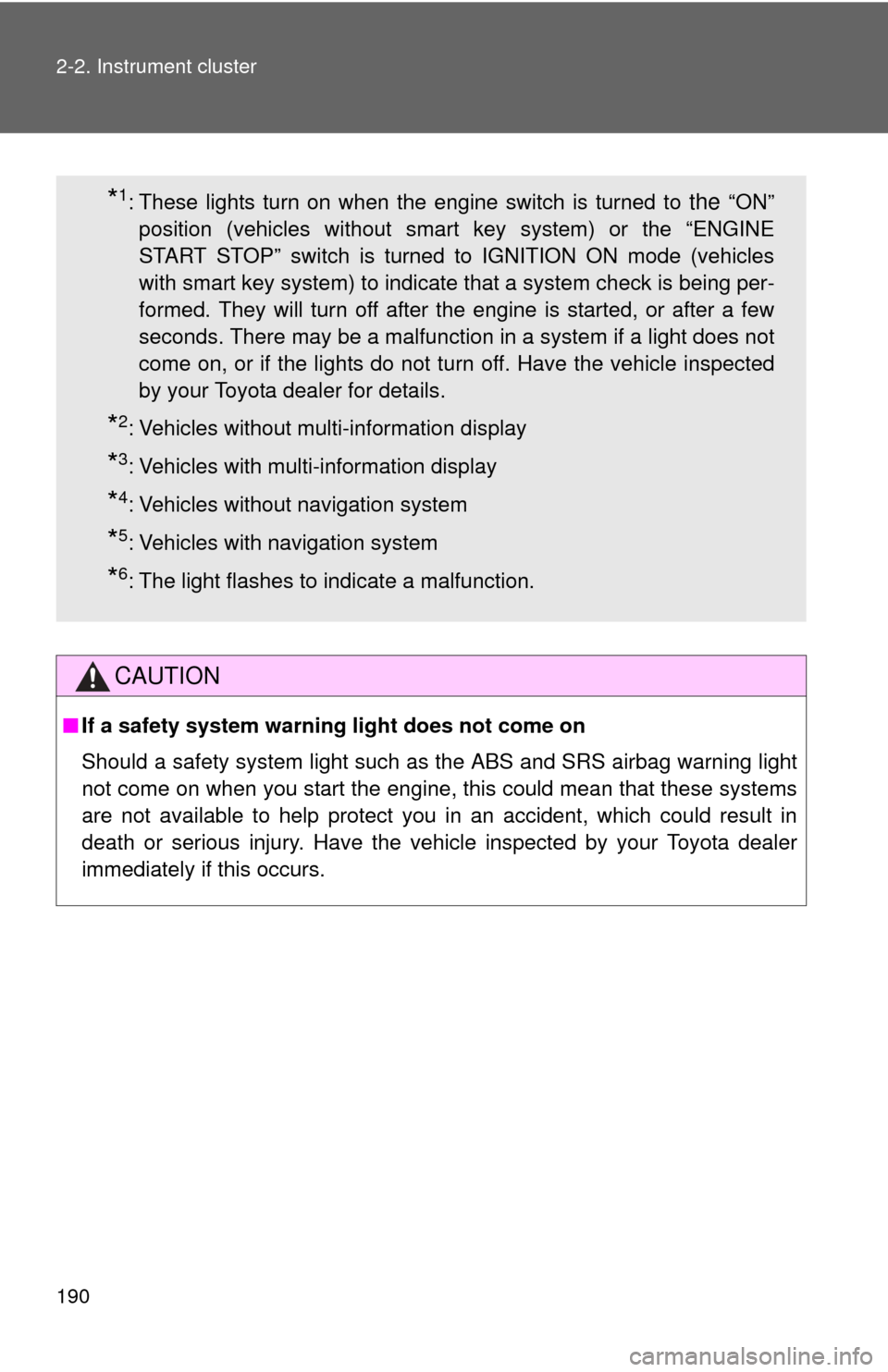 TOYOTA HIGHLANDER 2012 XU40 / 2.G User Guide 190 2-2. Instrument cluster
CAUTION
■If a safety system warning light does not come on
Should a safety system light such  as the ABS and SRS airbag warning light
not come on when you start the engin