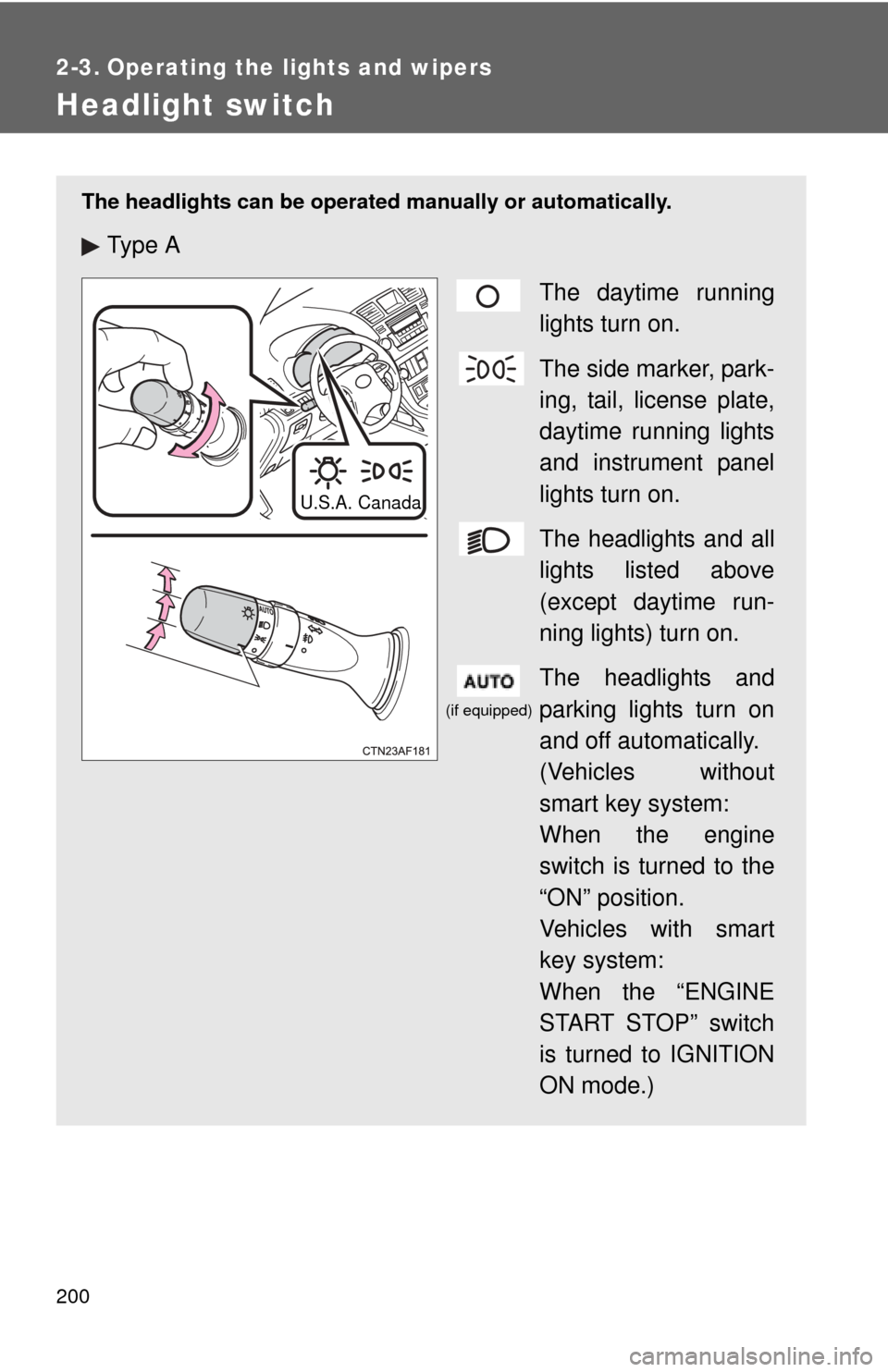 TOYOTA HIGHLANDER 2012 XU40 / 2.G Owners Manual 200
2-3. Operating the lights and wipers
Headlight switch
The headlights can be operated manually or automatically.
Ty p e  A
The daytime running
lights turn on.
The side marker, park-
ing, tail, lice