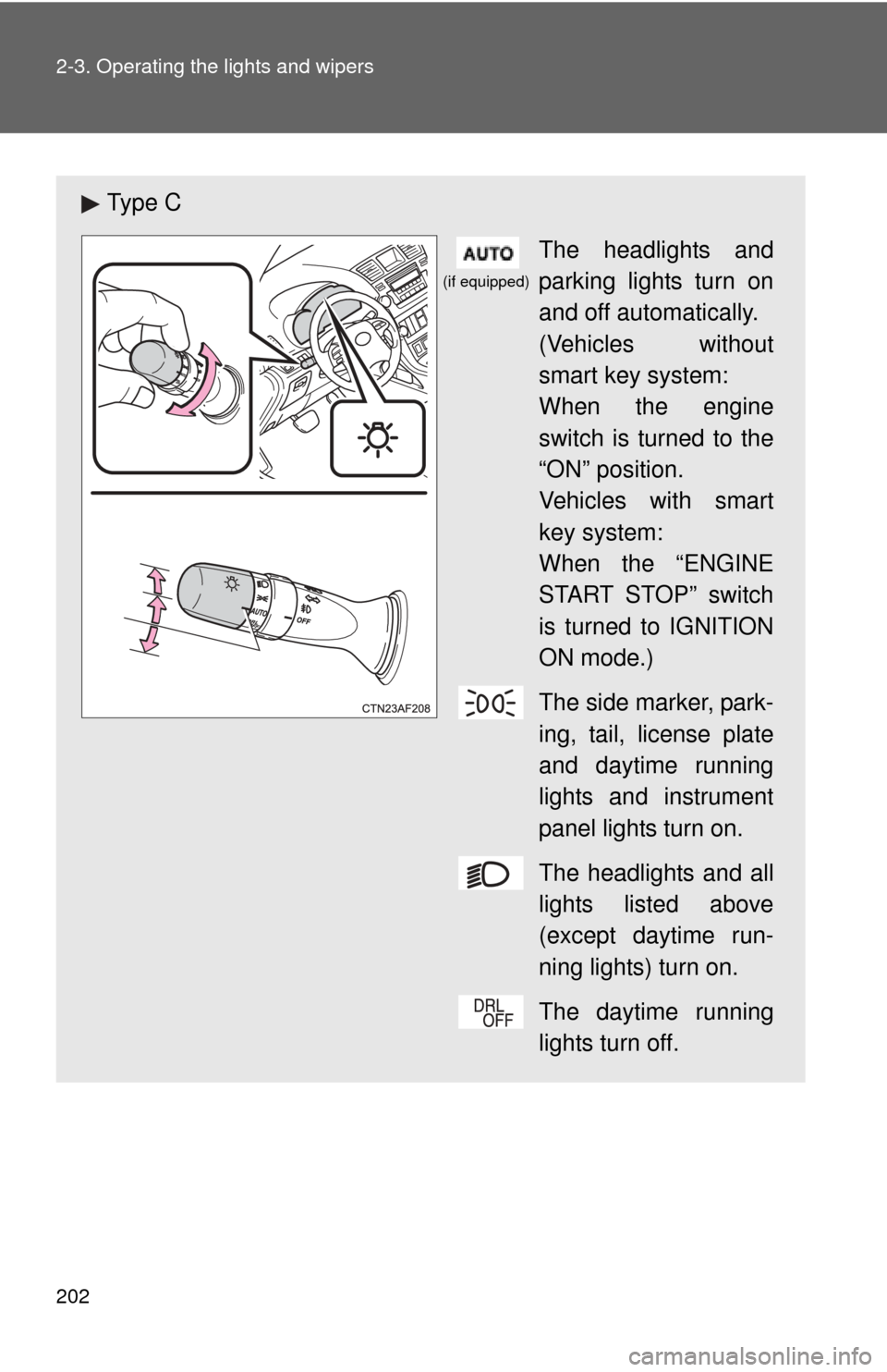 TOYOTA HIGHLANDER 2012 XU40 / 2.G Owners Guide 202 2-3. Operating the lights and wipers
Ty p e CThe headlights and
parking lights turn on
and off automatically.
(Vehicles without
smart key system:
When the engine
switch is turned to the
“ON” TOYOTA HIGHLANDER 2012 XU40 / 2.G Owners Guide 202 2-3. Operating the lights and wipers
Ty p e CThe headlights and
parking lights turn on
and off automatically.
(Vehicles without
smart key system:
When the engine
switch is turned to the
“ON”