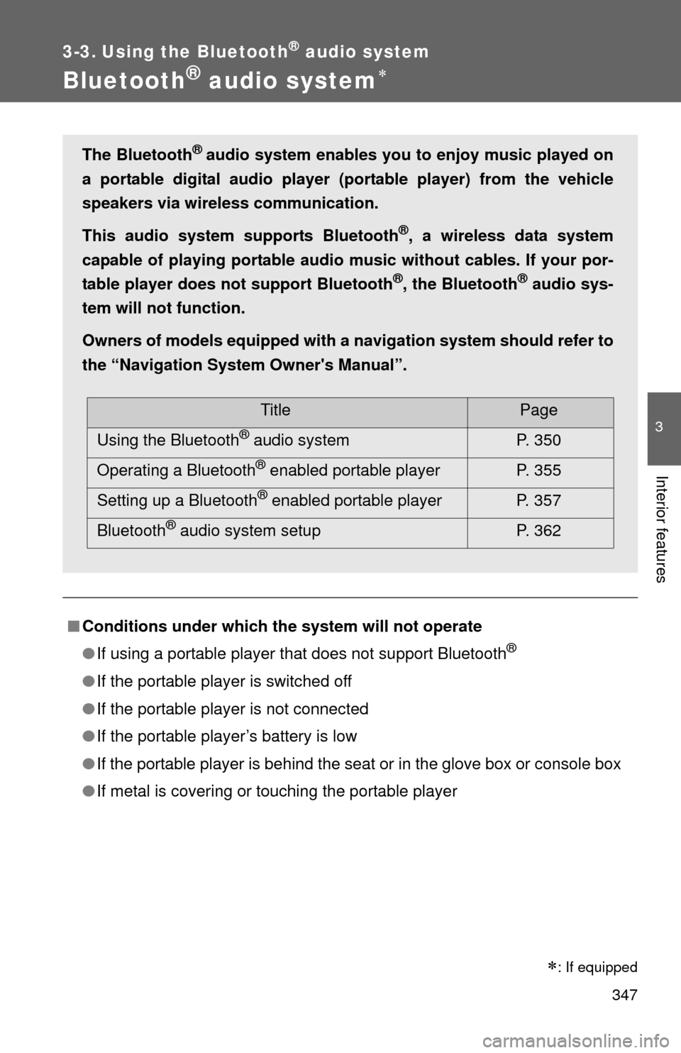 TOYOTA HIGHLANDER 2012 XU40 / 2.G Owners Manual 347
3
Interior features
3-3. Using the Bluetooth® audio system
Bluetooth® audio system
■Conditions under which th e system will not operate
● If using a portable player that does not support 