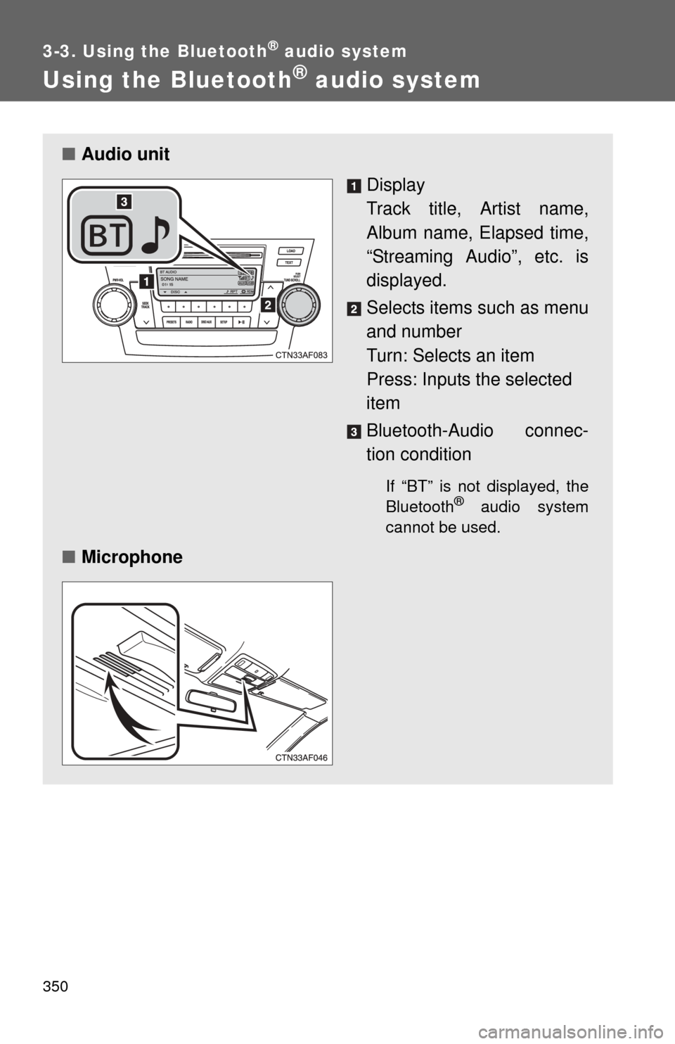 TOYOTA HIGHLANDER 2012 XU40 / 2.G Owners Manual 350
3-3. Using the Bluetooth® audio system
Using the Bluetooth® audio system
■Audio unit
Display
Track title, Artist name,
Album name, Elapsed time,
“Streaming Audio”, etc. is
displayed.
Sele TOYOTA HIGHLANDER 2012 XU40 / 2.G Owners Manual 350
3-3. Using the Bluetooth® audio system
Using the Bluetooth® audio system
■Audio unit
Display
Track title, Artist name,
Album name, Elapsed time,
“Streaming Audio”, etc. is
displayed.
Sele