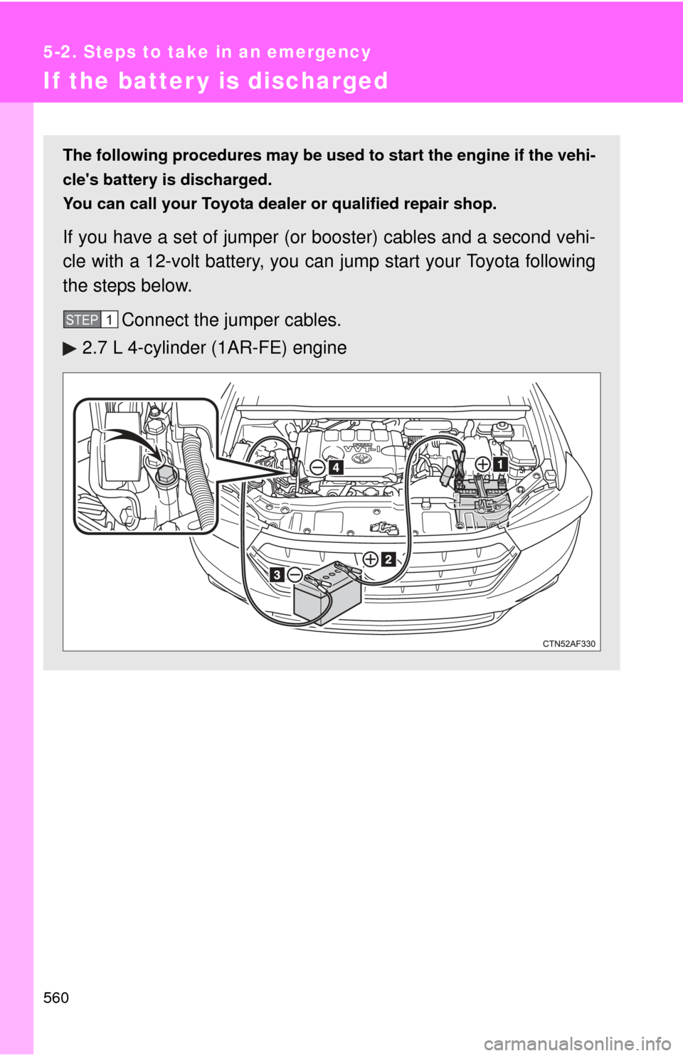 TOYOTA HIGHLANDER 2012 XU40 / 2.G Owners Manual 560
5-2. Steps to take in an emergency
If the batter y is discharged
The following procedures may be used to start the engine if the vehi-
cles battery is discharged.
You can call your Toyota dealer TOYOTA HIGHLANDER 2012 XU40 / 2.G Owners Manual 560
5-2. Steps to take in an emergency
If the batter y is discharged
The following procedures may be used to start the engine if the vehi-
cles battery is discharged.
You can call your Toyota dealer