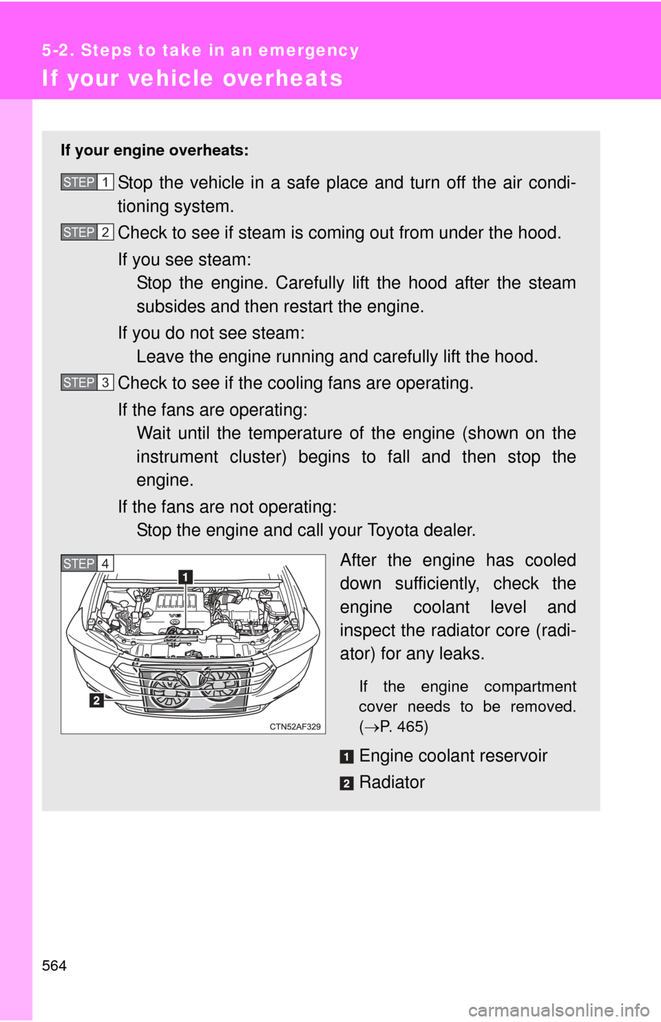 TOYOTA HIGHLANDER 2012 XU40 / 2.G Owners Manual 564
5-2. Steps to take in an emergency
If your vehicle overheats
If your engine overheats:
Stop the vehicle in a safe place and turn off the air condi-
tioning system.
Check to see if steam is coming 