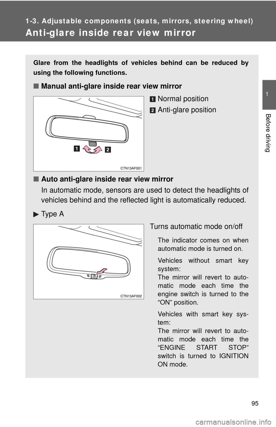 TOYOTA HIGHLANDER 2012 XU40 / 2.G User Guide 95
1
1-3. Adjustable components (seats, mirrors, steering wheel)
Before driving
Anti-glare inside rear view mirror
Glare from the headlights of vehicles behind can be reduced by
using the following fu TOYOTA HIGHLANDER 2012 XU40 / 2.G User Guide 95
1
1-3. Adjustable components (seats, mirrors, steering wheel)
Before driving
Anti-glare inside rear view mirror
Glare from the headlights of vehicles behind can be reduced by
using the following fu