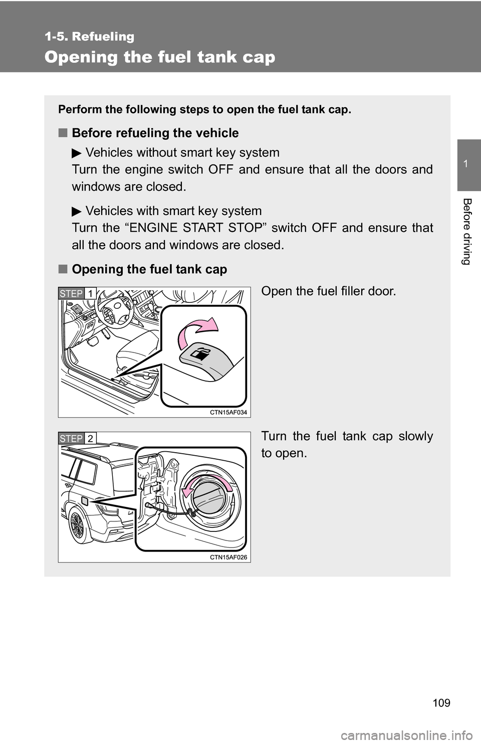 TOYOTA HIGHLANDER 2013 XU50 / 3.G Owners Manual 109
1
Before driving
1-5. Refueling
Opening the fuel tank cap
Perform the following steps to open the fuel tank cap.
■Before refueling the vehicle
Vehicles without smart key system
Turn the engine s TOYOTA HIGHLANDER 2013 XU50 / 3.G Owners Manual 109
1
Before driving
1-5. Refueling
Opening the fuel tank cap
Perform the following steps to open the fuel tank cap.
■Before refueling the vehicle
Vehicles without smart key system
Turn the engine s