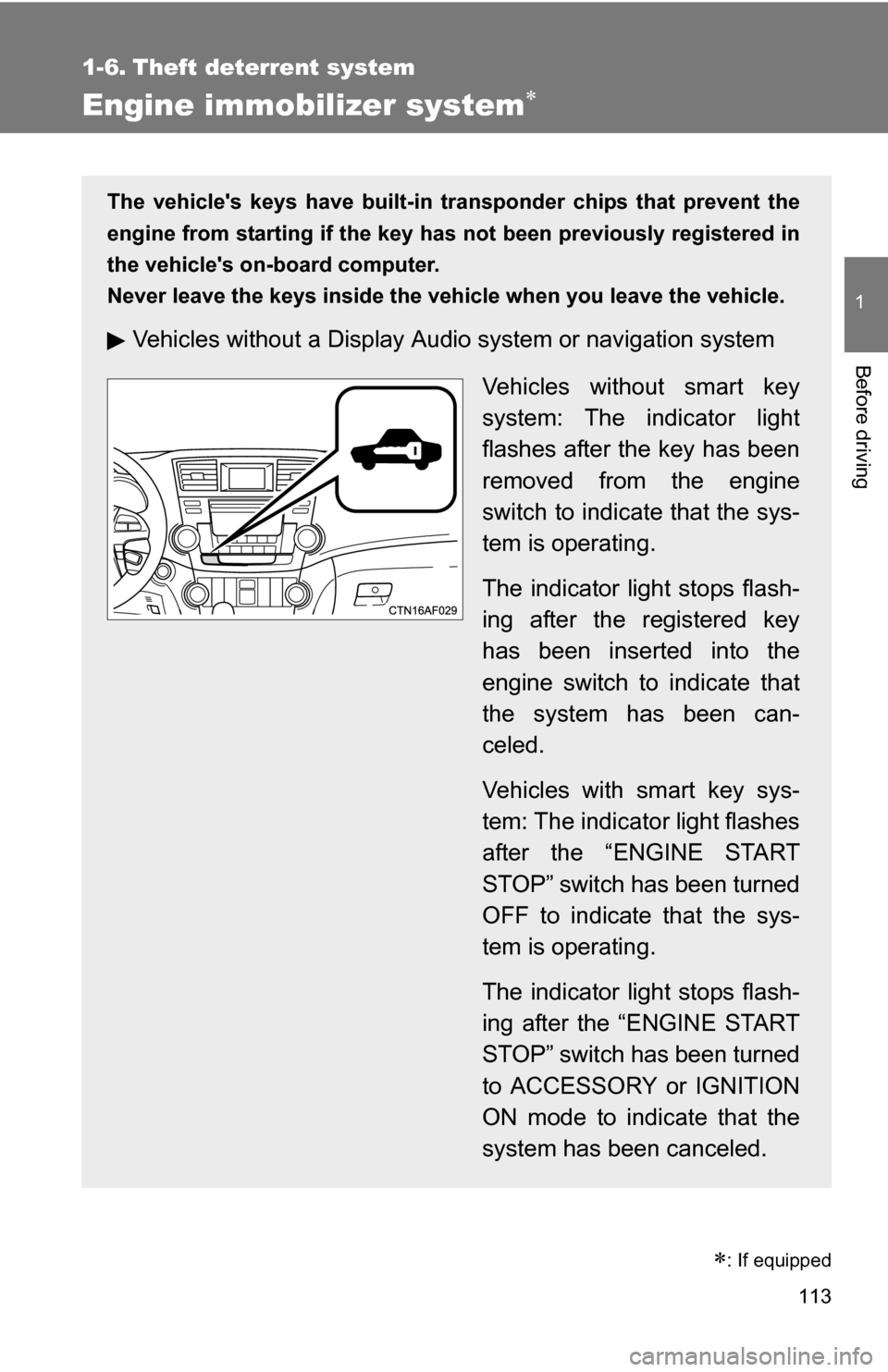 TOYOTA HIGHLANDER 2013 XU50 / 3.G Owners Manual 113
1
Before driving
1-6. Theft deterrent system
Engine immobilizer system
The vehicles keys have built-in transponder chips that prevent the
engine from starting if the key has not been previous TOYOTA HIGHLANDER 2013 XU50 / 3.G Owners Manual 113
1
Before driving
1-6. Theft deterrent system
Engine immobilizer system
The vehicles keys have built-in transponder chips that prevent the
engine from starting if the key has not been previous