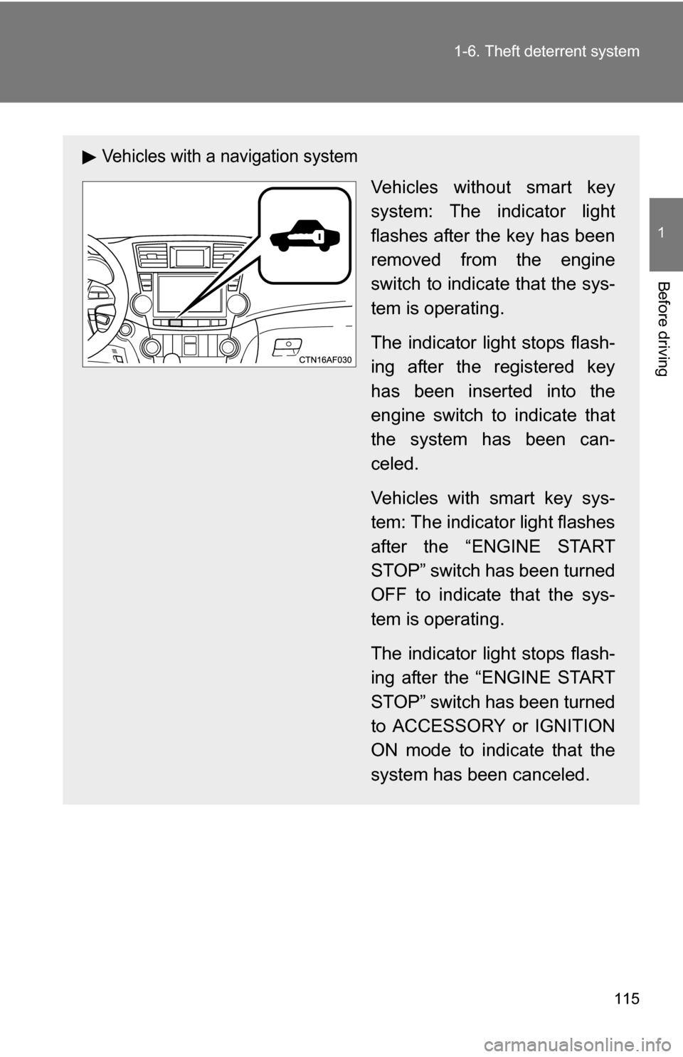 TOYOTA HIGHLANDER 2013 XU50 / 3.G Owners Manual 115
1-6. Theft deterrent system
1
Before driving
Vehicles with a navigation system
Vehicles without smart key
system: The indicator light
flashes after the key has been
removed from the engine
switch TOYOTA HIGHLANDER 2013 XU50 / 3.G Owners Manual 115
1-6. Theft deterrent system
1
Before driving
Vehicles with a navigation system
Vehicles without smart key
system: The indicator light
flashes after the key has been
removed from the engine
switch
