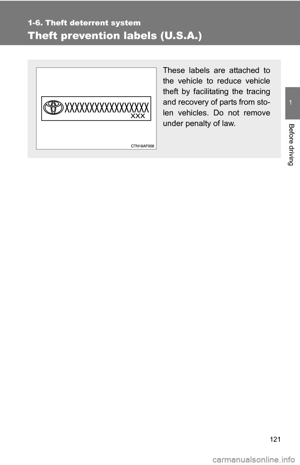 TOYOTA HIGHLANDER 2013 XU50 / 3.G Owners Manual 121
1
1-6. Theft deterrent system
Before driving
Theft prevention labels (U.S.A.)
These labels are attached to
the vehicle to reduce vehicle
theft by facilitating the tracing
and recovery of parts fro