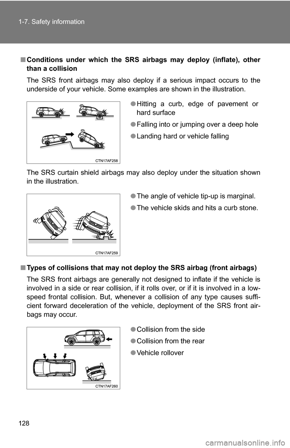 TOYOTA HIGHLANDER 2013 XU50 / 3.G Owners Manual 128 1-7. Safety information
■Conditions under which the SRS airbags may deploy (inflate), other
than a collision
The SRS front airbags may also deploy if a serious impact occurs to the
underside of 