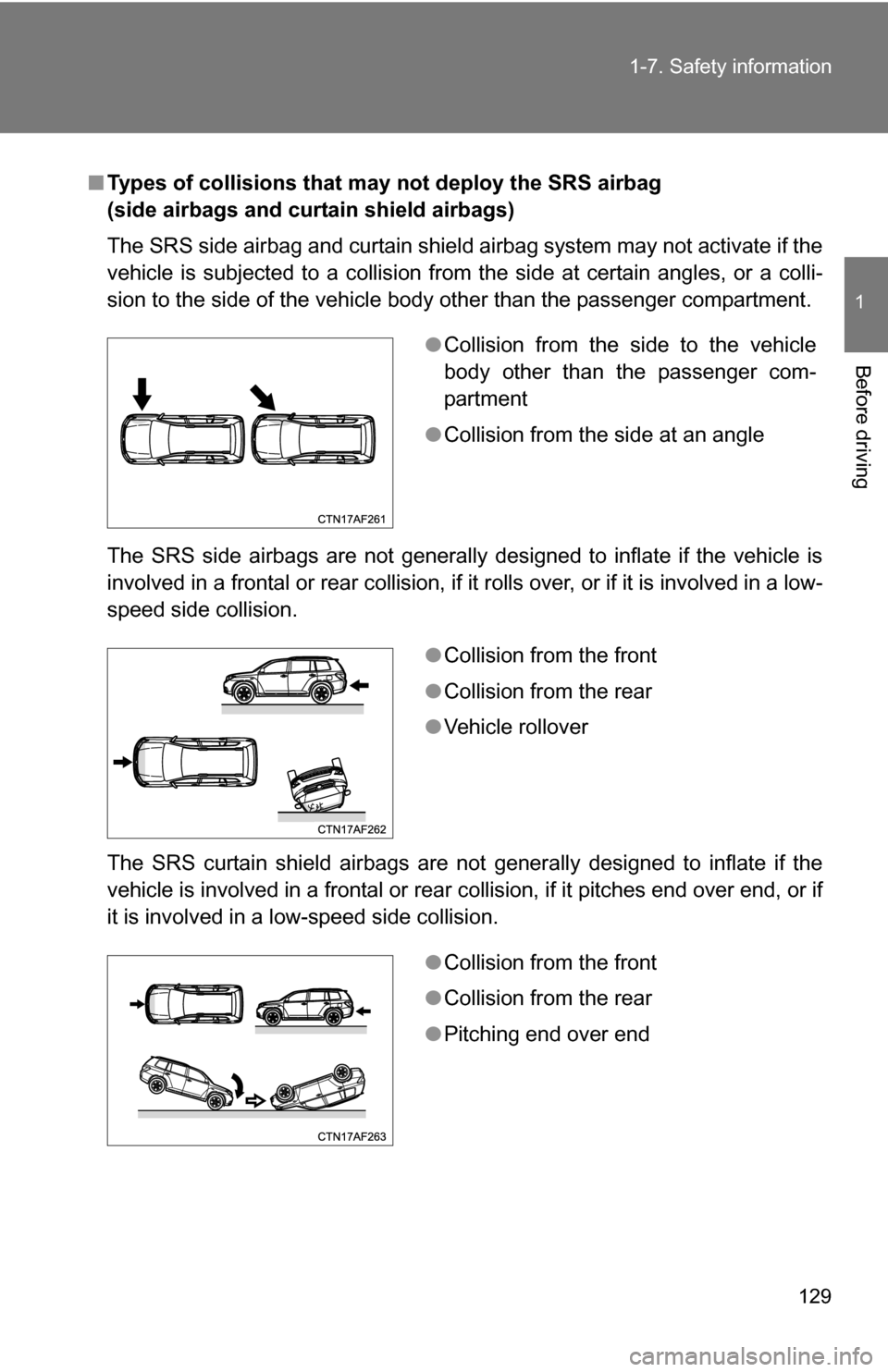 TOYOTA HIGHLANDER 2013 XU50 / 3.G Owners Manual 129
1-7. Safety information
1
Before driving
■
Types of collisions that may  not deploy the SRS airbag 
(side airbags and curtain shield airbags)
The SRS side airbag and curtain shield airbag system