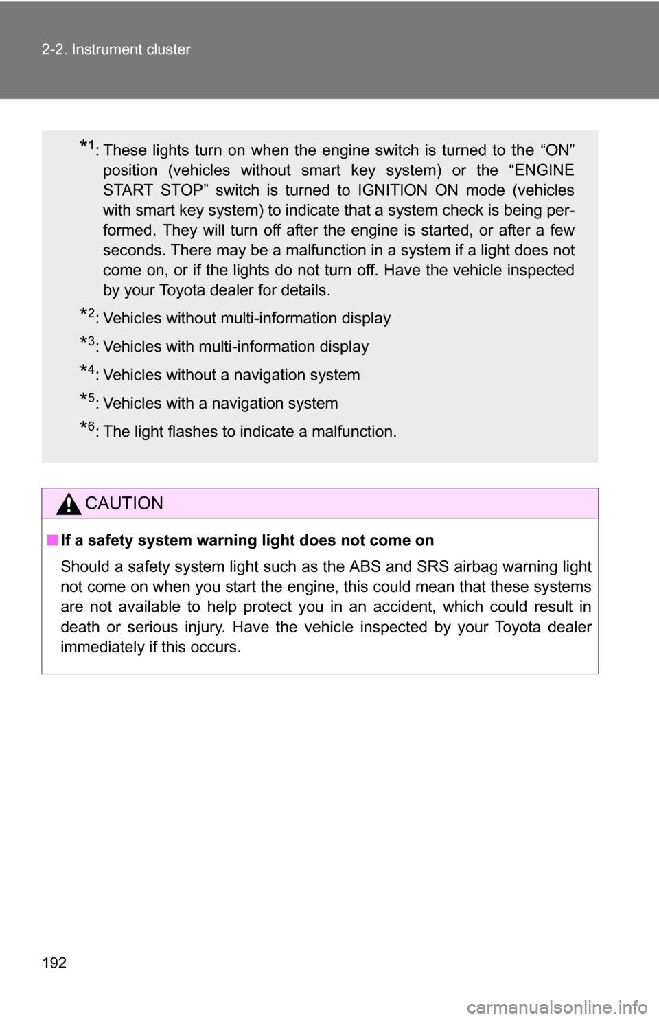 TOYOTA HIGHLANDER 2013 XU50 / 3.G Owners Manual 192 2-2. Instrument cluster
CAUTION
■If a safety system warning light does not come on
Should a safety system light such  as the ABS and SRS airbag warning light
not come on when you start the engin