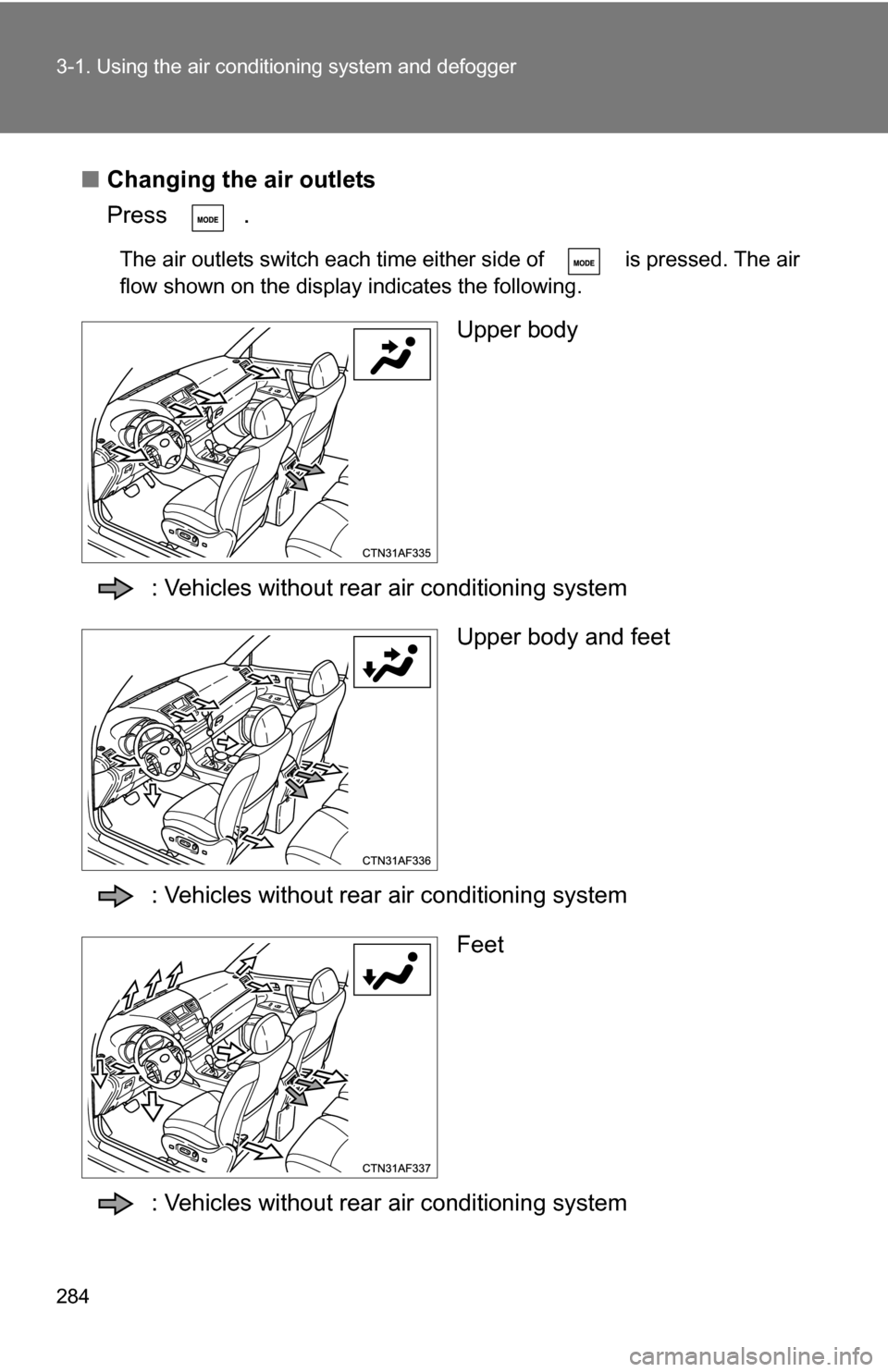 TOYOTA HIGHLANDER 2013 XU50 / 3.G Owners Manual 284 3-1. Using the air conditioning system and defogger
■Changing the air outlets
Press .
The air outlets switch each time either side of   is pressed. The air
flow shown on the display indicates th