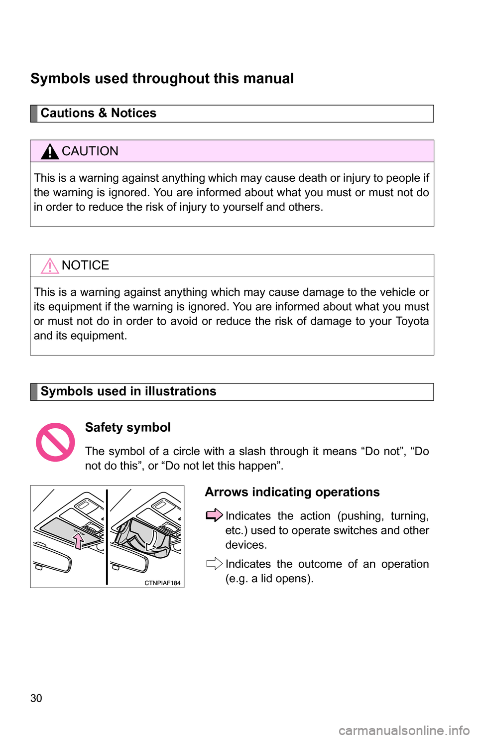 TOYOTA HIGHLANDER 2013 XU50 / 3.G Owners Manual 30
Symbols used throughout this manual
Cautions & Notices
Symbols used in illustrations
CAUTION
This is a warning against anything which may cause death or injury to people if
the warning is ignored. TOYOTA HIGHLANDER 2013 XU50 / 3.G Owners Manual 30
Symbols used throughout this manual
Cautions & Notices
Symbols used in illustrations
CAUTION
This is a warning against anything which may cause death or injury to people if
the warning is ignored.