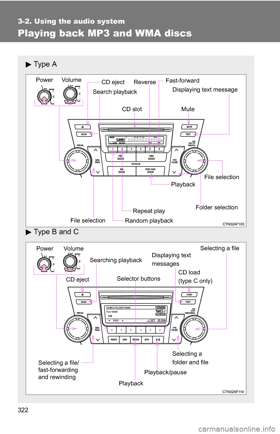 TOYOTA HIGHLANDER 2013 XU50 / 3.G Owners Manual 322
3-2. Using the audio system
Playing back MP3 and WMA discs
Ty p e  A
Type B and C
Vol um eRandom playback
File selection Repeat playPlayback
PowerCD eject
Displaying text messageSearch playback
CD
