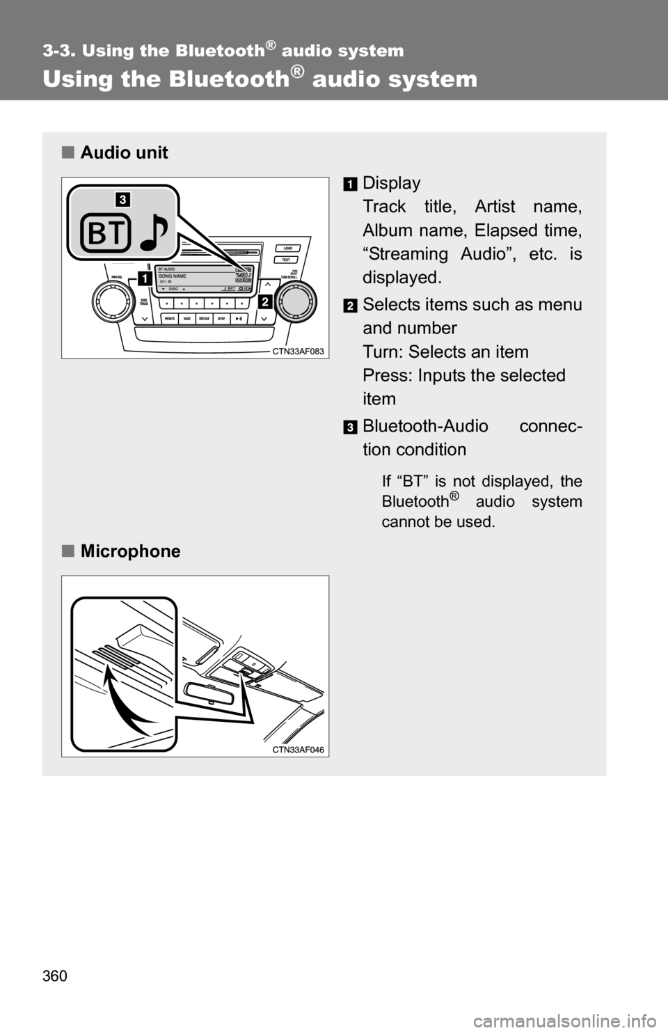 TOYOTA HIGHLANDER 2013 XU50 / 3.G Owners Manual 360
3-3. Using the Bluetooth® audio system
Using the Bluetooth® audio system
■Audio unit
Display
Track title, Artist name,
Album name, Elapsed time,
“Streaming Audio”, etc. is
displayed.
Sele TOYOTA HIGHLANDER 2013 XU50 / 3.G Owners Manual 360
3-3. Using the Bluetooth® audio system
Using the Bluetooth® audio system
■Audio unit
Display
Track title, Artist name,
Album name, Elapsed time,
“Streaming Audio”, etc. is
displayed.
Sele