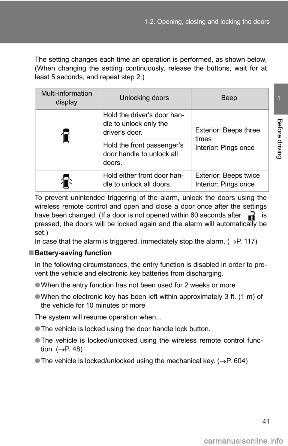 TOYOTA HIGHLANDER 2013 XU50 / 3.G Service Manual 41
1-2. Opening, closing and locking the doors
1
Before driving
The setting changes each time an operation is performed, as shown below.
(When changing the setting continuously, release the buttons, w TOYOTA HIGHLANDER 2013 XU50 / 3.G Service Manual 41
1-2. Opening, closing and locking the doors
1
Before driving
The setting changes each time an operation is performed, as shown below.
(When changing the setting continuously, release the buttons, w