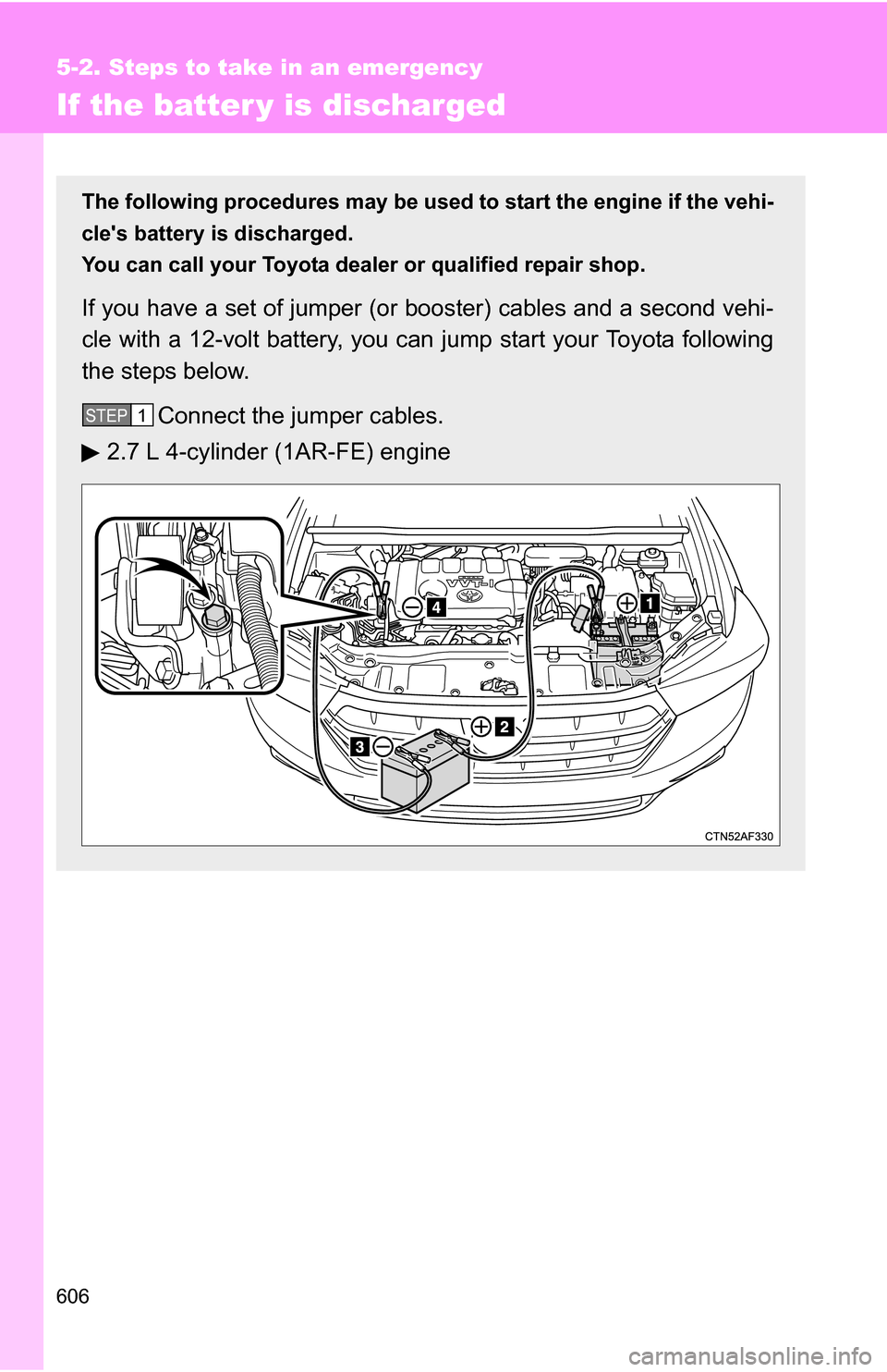 TOYOTA HIGHLANDER 2013 XU50 / 3.G Owners Manual 606
5-2. Steps to take in an emergency
If the batter y is discharged
The following procedures may be used to start the engine if the vehi-
cles battery is discharged.
You can call your Toyota dealer 