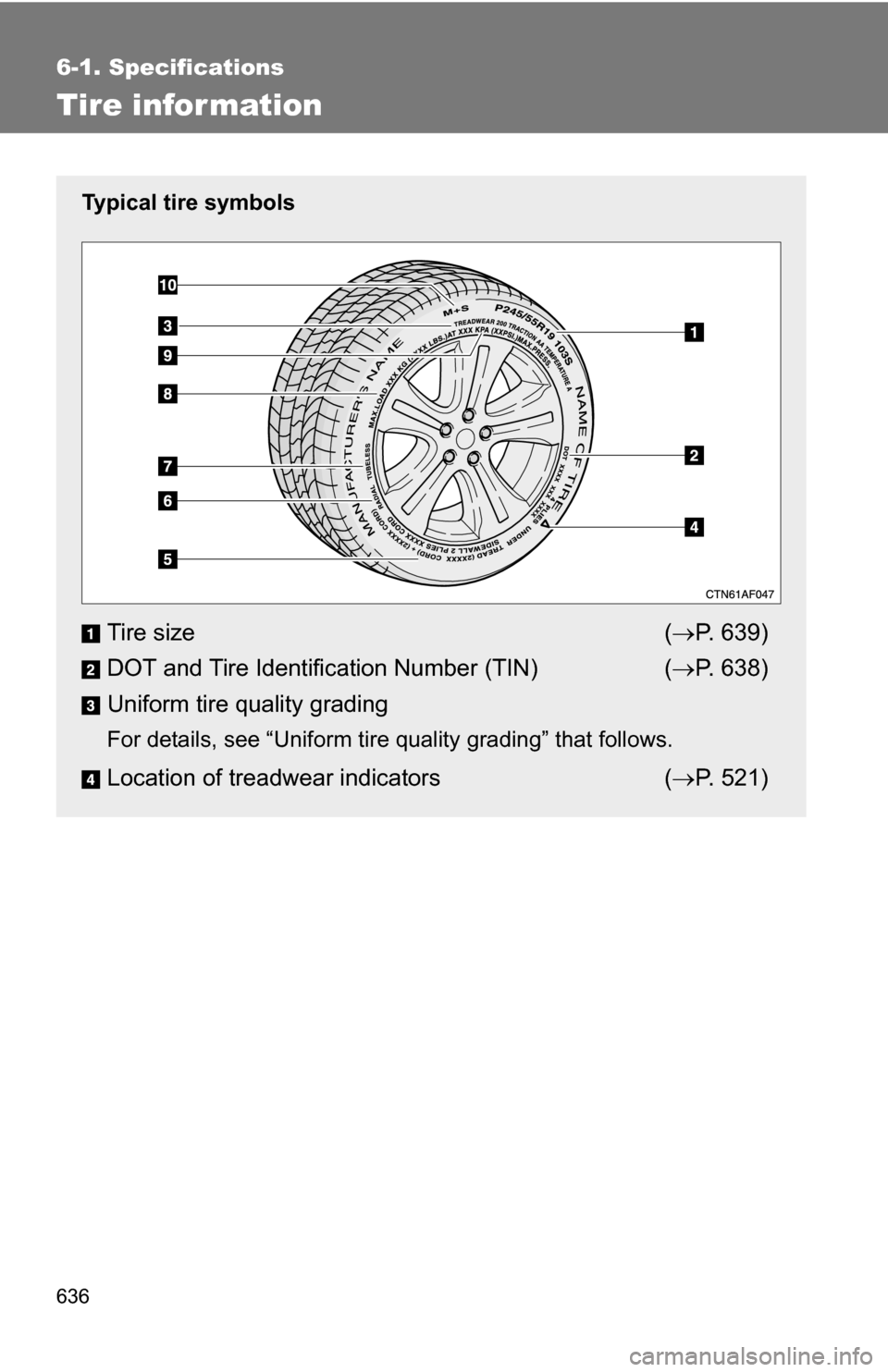 TOYOTA HIGHLANDER 2013 XU50 / 3.G Owners Manual 636
6-1. Specifications
Tire infor mation
Typical tire symbols
Tire size( P. 639)
DOT and Tire Identification Number (TIN) ( P. 638)
Uniform tire quality grading
For details, see “Uniform tire TOYOTA HIGHLANDER 2013 XU50 / 3.G Owners Manual 636
6-1. Specifications
Tire infor mation
Typical tire symbols
Tire size( P. 639)
DOT and Tire Identification Number (TIN) ( P. 638)
Uniform tire quality grading
For details, see “Uniform tire