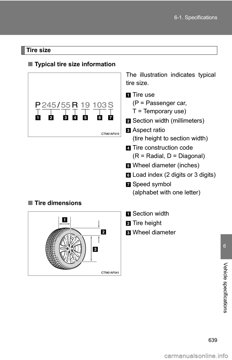 TOYOTA HIGHLANDER 2013 XU50 / 3.G Owners Manual 639
6-1. Specifications
6
Vehicle specifications
Tire size
■ Typical tire size information
The illustration indicates typical
tire size.
Tire use
(P = Passenger car,
T = Temporary use)
Section widt TOYOTA HIGHLANDER 2013 XU50 / 3.G Owners Manual 639
6-1. Specifications
6
Vehicle specifications
Tire size
■ Typical tire size information
The illustration indicates typical
tire size.
Tire use
(P = Passenger car,
T = Temporary use)
Section widt