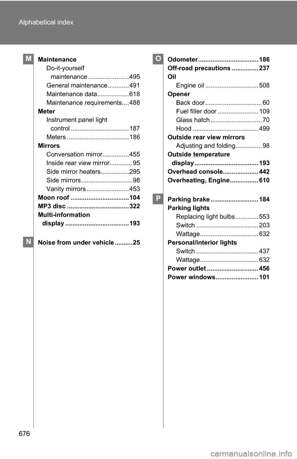 TOYOTA HIGHLANDER 2013 XU50 / 3.G Owners Manual 676 Alphabetical index
MaintenanceDo-it-yourself
maintenance ....................... 495
General maintenance ............ 491
Maintenance data.................. 618
Maintenance requirements.... 488
M TOYOTA HIGHLANDER 2013 XU50 / 3.G Owners Manual 676 Alphabetical index
MaintenanceDo-it-yourself
maintenance ....................... 495
General maintenance ............ 491
Maintenance data.................. 618
Maintenance requirements.... 488
M