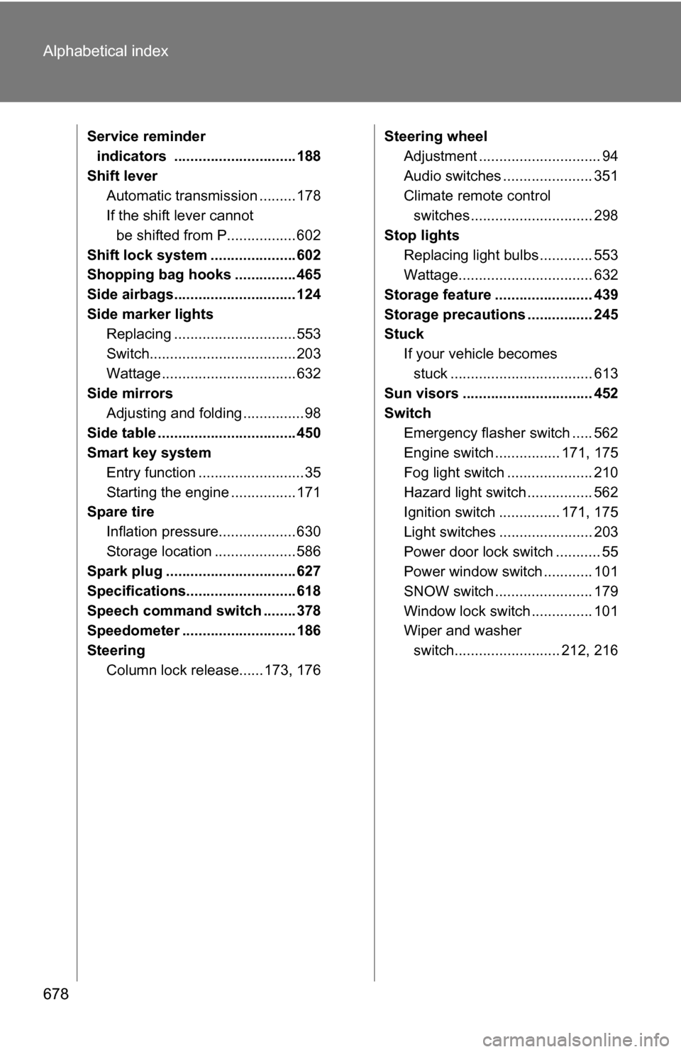 TOYOTA HIGHLANDER 2013 XU50 / 3.G Owners Manual 678 Alphabetical index
Service reminder indicators .............................. 188
Shift lever Automatic transmission ......... 178
If the shift lever cannot be shifted from P................. 602
TOYOTA HIGHLANDER 2013 XU50 / 3.G Owners Manual 678 Alphabetical index
Service reminder indicators .............................. 188
Shift lever Automatic transmission ......... 178
If the shift lever cannot be shifted from P................. 602