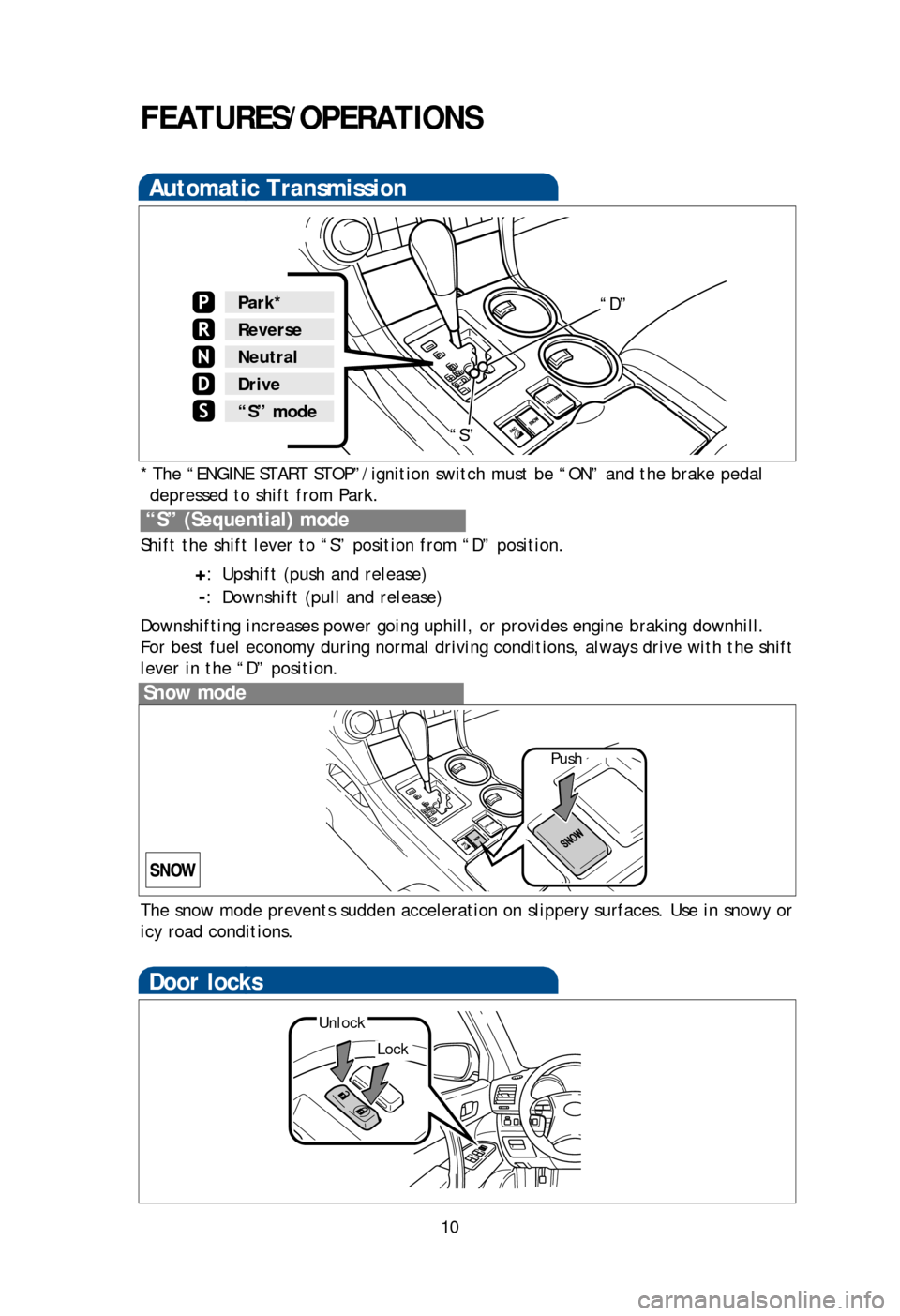 TOYOTA HIGHLANDER 2013 XU50 / 3.G Quick Reference Guide 10
FEATURES/OPERATIONS
Automatic Transmission
* The “ENGINE START STOP”/ignition switch must be “ON” and the brake pedal depressed to shift from Park.
Shift the shift lever to “S” position TOYOTA HIGHLANDER 2013 XU50 / 3.G Quick Reference Guide 10
FEATURES/OPERATIONS
Automatic Transmission
* The “ENGINE START STOP”/ignition switch must be “ON” and the brake pedal depressed to shift from Park.
Shift the shift lever to “S” position