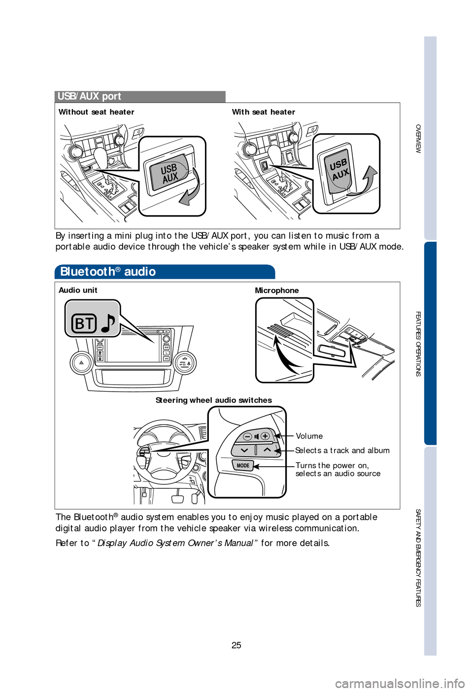 TOYOTA HIGHLANDER 2013 XU50 / 3.G Quick Reference Guide OVERVIEW
FEATURES/OPERATIONS
SAFETY AND EMERGENCY FEATURES
25
By inserting a mini plug into the USB/AUX port, you can listen to music from a 
portable audio device through the vehicle’s speaker syst