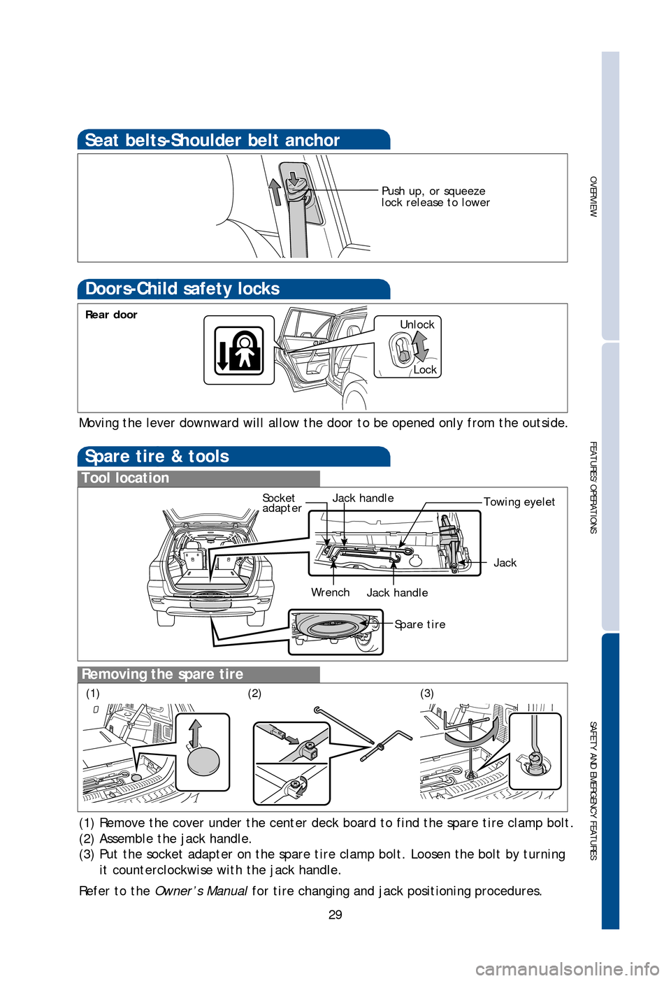 TOYOTA HIGHLANDER 2013 XU50 / 3.G Quick Reference Guide OVERVIEW
FEATURES/OPERATIONS
SAFETY AND EMERGENCY FEATURES
29
If belt is fully extended, then retracted even slightly, it cannot be re-extended 
beyond that point, unless fully retracted again. This f