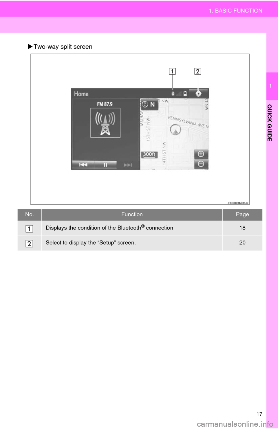 TOYOTA HIGHLANDER 2014 XU50 / 3.G Navigation Manual 17
1. BASIC FUNCTION
1
QUICK GUIDE
Two-way split screen
No.FunctionPage
Displays the condition of the Bluetooth® connection18
Select to display the “Setup” screen.20 