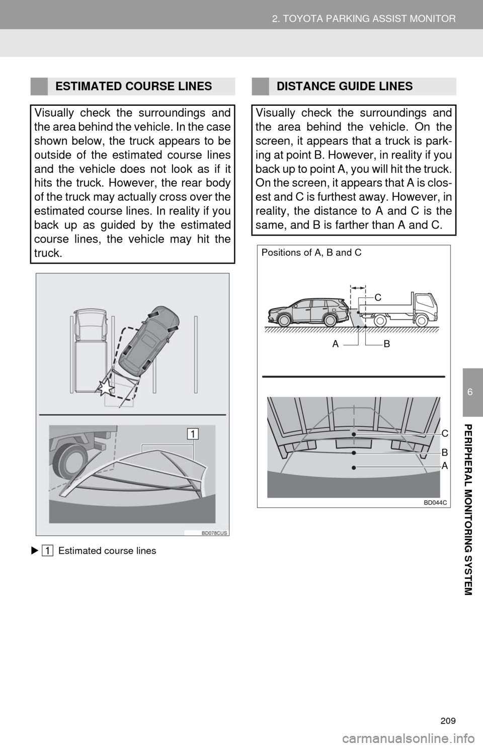 TOYOTA HIGHLANDER 2014 XU50 / 3.G Navigation Manual 209
2. TOYOTA PARKING ASSIST MONITOR
6
PERIPHERAL MONITORING SYSTEM
Estimated course lines
ESTIMATED COURSE LINES
Visually check the surroundings and
the area behind the vehicle. In the case
shown TOYOTA HIGHLANDER 2014 XU50 / 3.G Navigation Manual 209
2. TOYOTA PARKING ASSIST MONITOR
6
PERIPHERAL MONITORING SYSTEM
Estimated course lines
ESTIMATED COURSE LINES
Visually check the surroundings and
the area behind the vehicle. In the case
shown