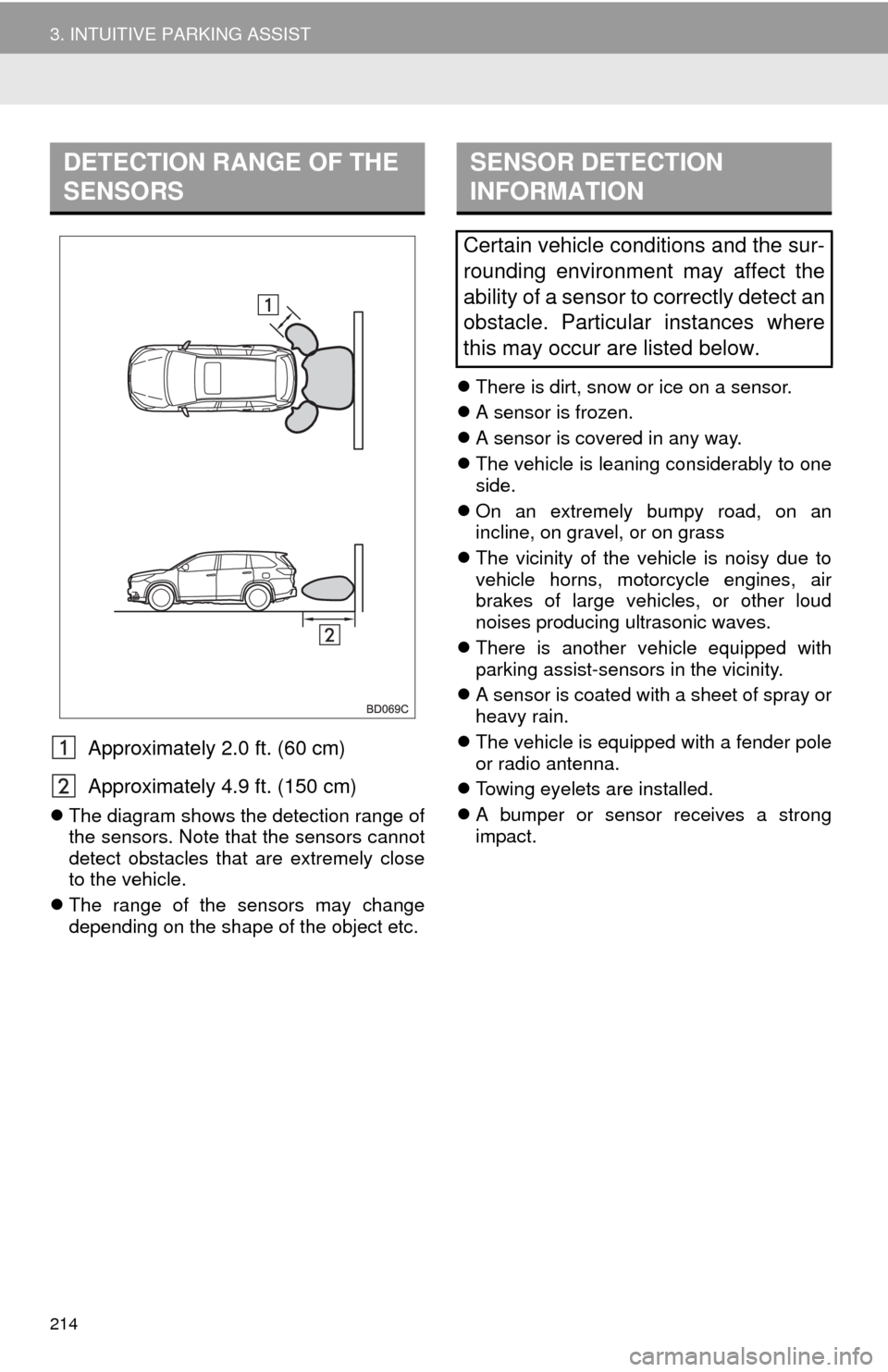 TOYOTA HIGHLANDER 2014 XU50 / 3.G Navigation Manual 214
3. INTUITIVE PARKING ASSIST
Approximately 2.0 ft. (60 cm)
Approximately 4.9 ft. (150 cm)
The diagram shows the detection range of
the sensors. Note that the sensors cannot
detect obstacles that TOYOTA HIGHLANDER 2014 XU50 / 3.G Navigation Manual 214
3. INTUITIVE PARKING ASSIST
Approximately 2.0 ft. (60 cm)
Approximately 4.9 ft. (150 cm)
The diagram shows the detection range of
the sensors. Note that the sensors cannot
detect obstacles that