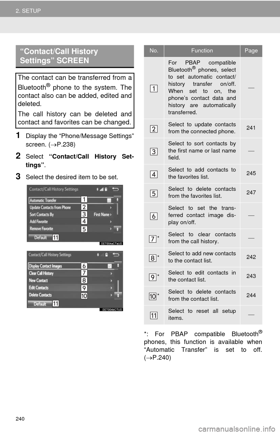 TOYOTA HIGHLANDER 2014 XU50 / 3.G Navigation Manual 240
2. SETUP
1Display the “Phone/Message Settings”
screen. (P.238)
2Select “Contact/Call History Set-
tings”.
3Select the desired item to be set.
*: For PBAP compatible Bluetooth
®
phones, TOYOTA HIGHLANDER 2014 XU50 / 3.G Navigation Manual 240
2. SETUP
1Display the “Phone/Message Settings”
screen. (P.238)
2Select “Contact/Call History Set-
tings”.
3Select the desired item to be set.
*: For PBAP compatible Bluetooth
®
phones,