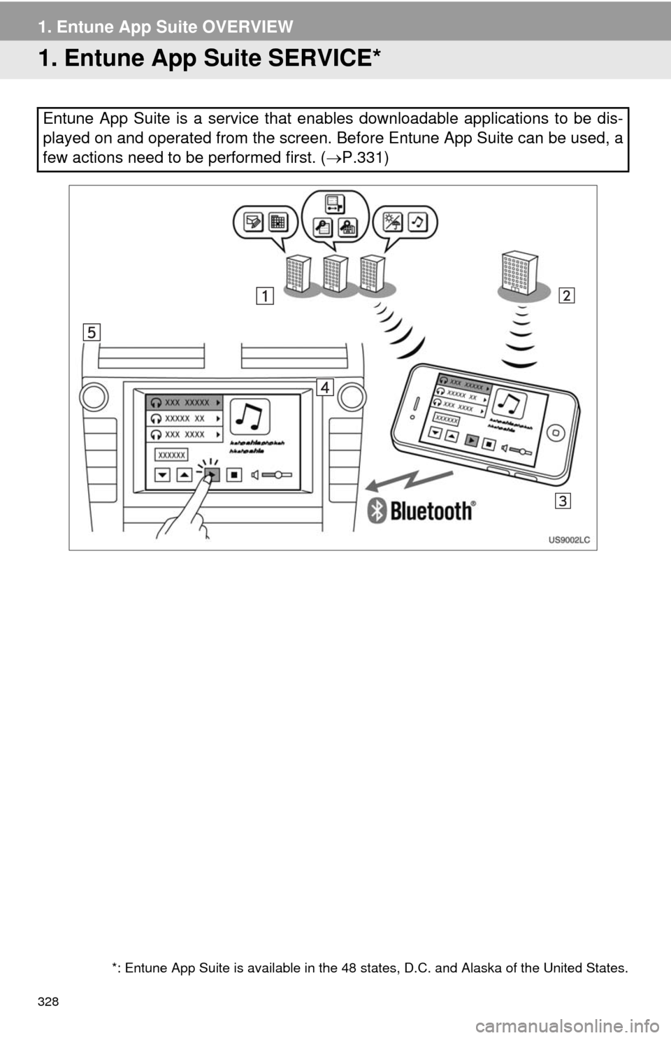 TOYOTA HIGHLANDER 2014 XU50 / 3.G Navigation Manual 328
1. Entune App Suite OVERVIEW
1. Entune App Suite SERVICE*
Entune App Suite is a service that enables downloadable applications to be dis-
played on and operated from the screen. Before Entune App TOYOTA HIGHLANDER 2014 XU50 / 3.G Navigation Manual 328
1. Entune App Suite OVERVIEW
1. Entune App Suite SERVICE*
Entune App Suite is a service that enables downloadable applications to be dis-
played on and operated from the screen. Before Entune App